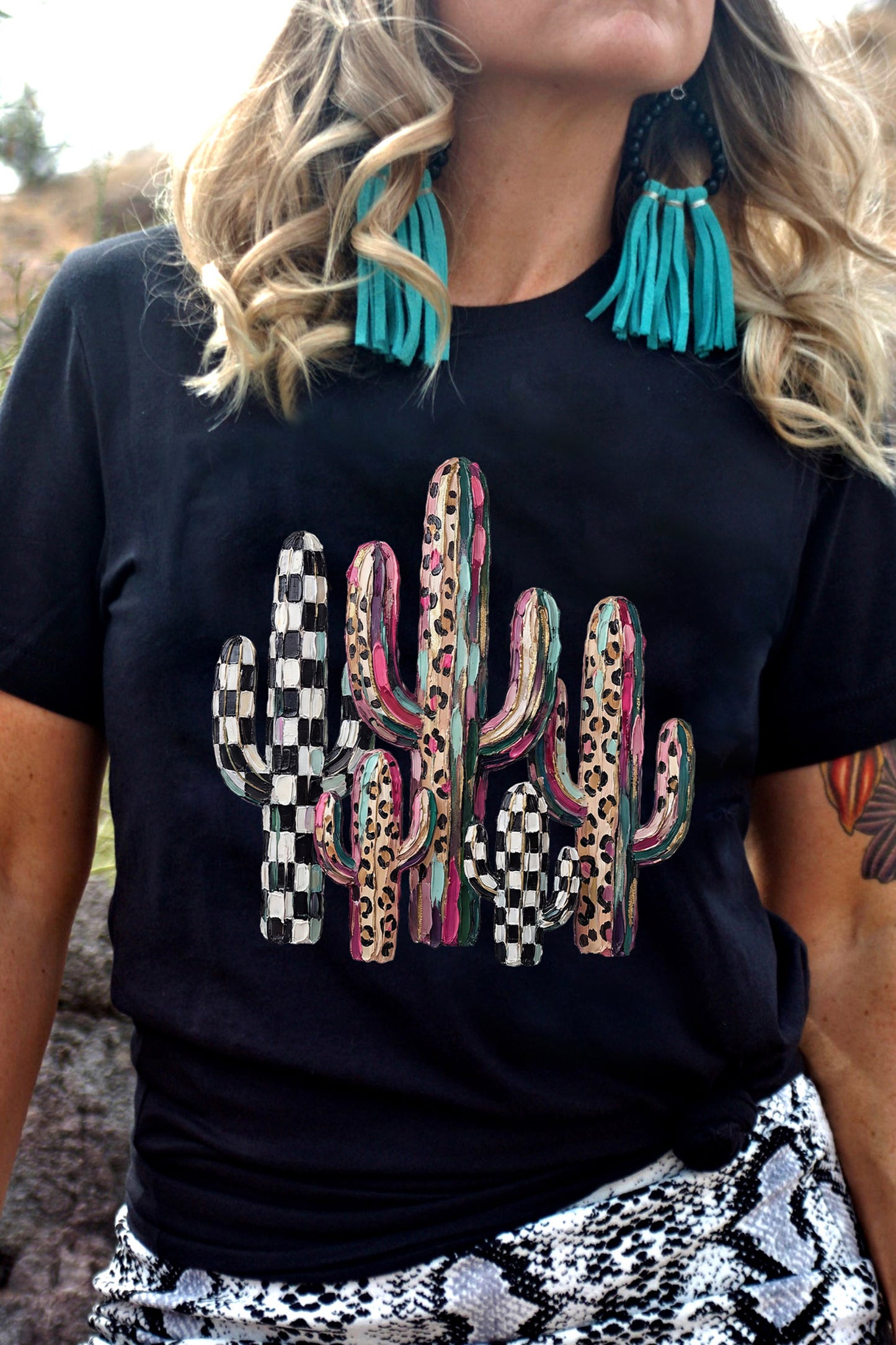 Black Mixed Pattern Cactus Graphic Print Relaxed T-Shirt
