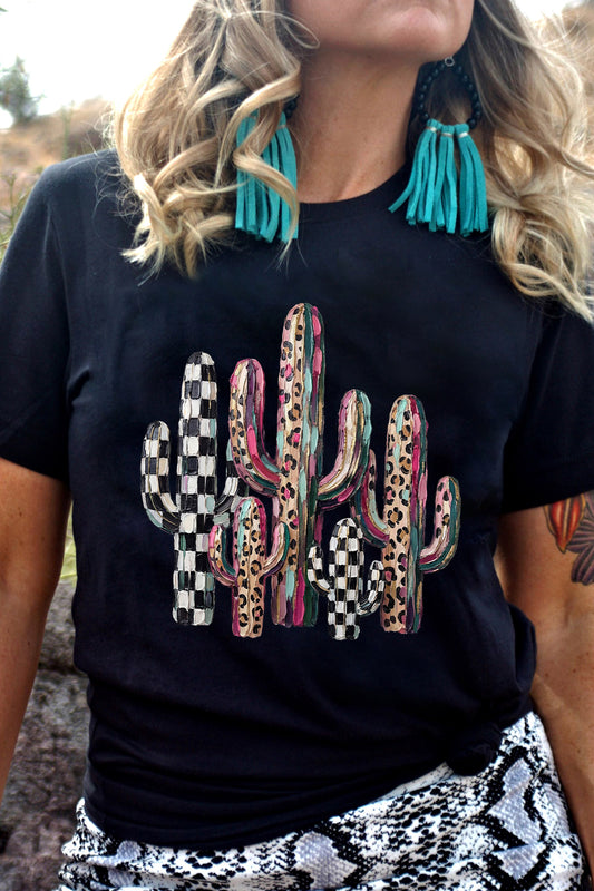Black Mixed Pattern Cactus Graphic Print Relaxed T-Shirt-Graphic/Graphic Tees-[Adult]-[Female]-Black-S-2022 Online Blue Zone Planet
