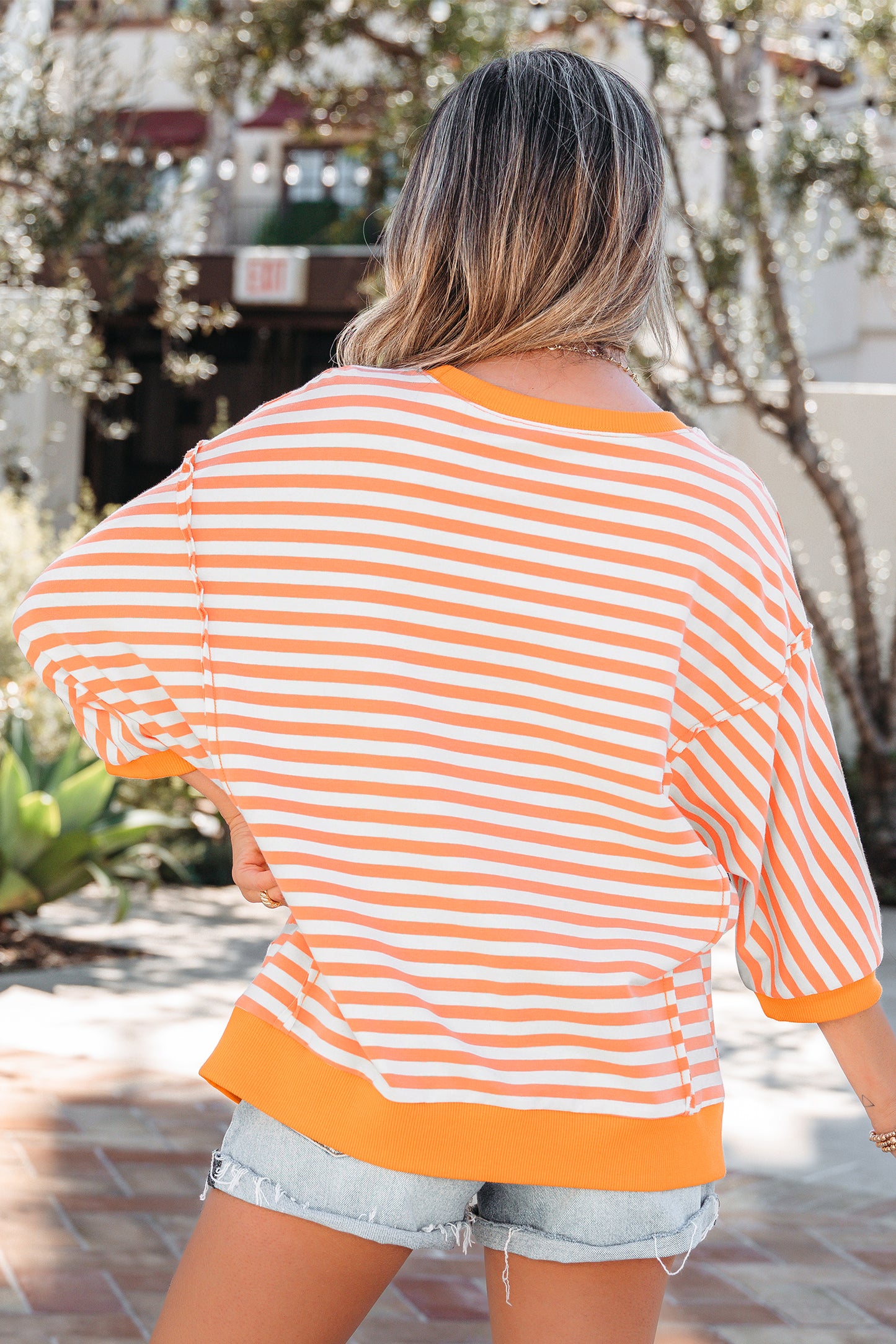 Orange Stripe 3/4 Sleeve Exposed Seam Patchwork Pullover Top-Tops/Tops & Tees-[Adult]-[Female]-2022 Online Blue Zone Planet