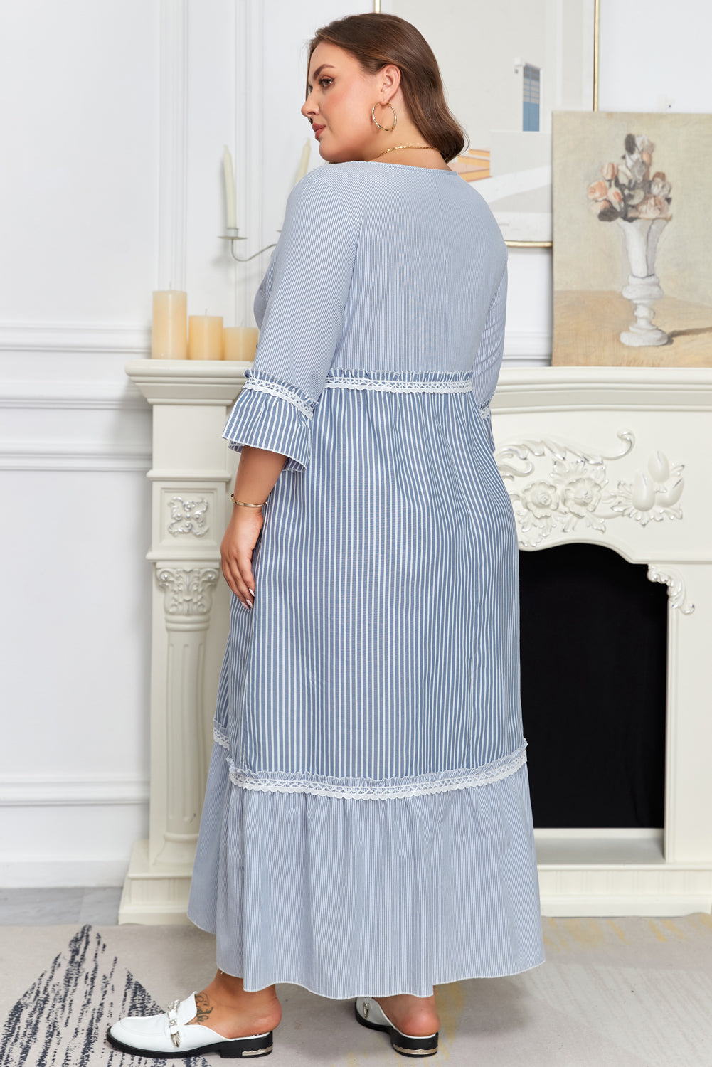 Sky Blue Stripe Crisscross Lace Detail Mixed Striped Patchwork Plus Size Shift Long Dress-TOPS / DRESSES-[Adult]-[Female]-2022 Online Blue Zone Planet