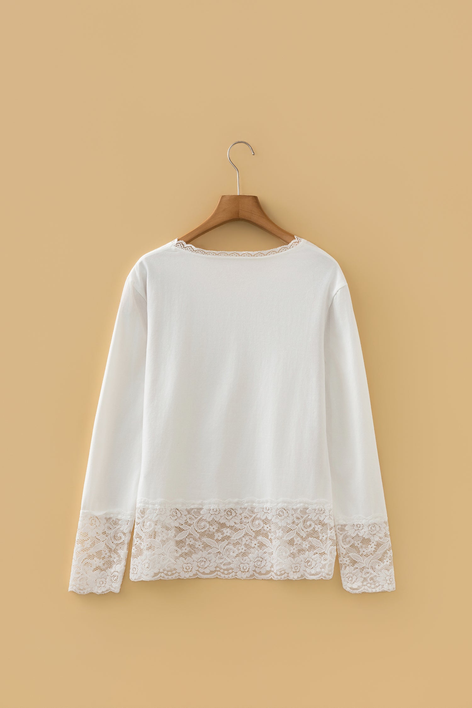White Lace Trim V Neck Cuffed Long Sleeve Loose Top-Tops/Long Sleeve Tops-[Adult]-[Female]-2022 Online Blue Zone Planet