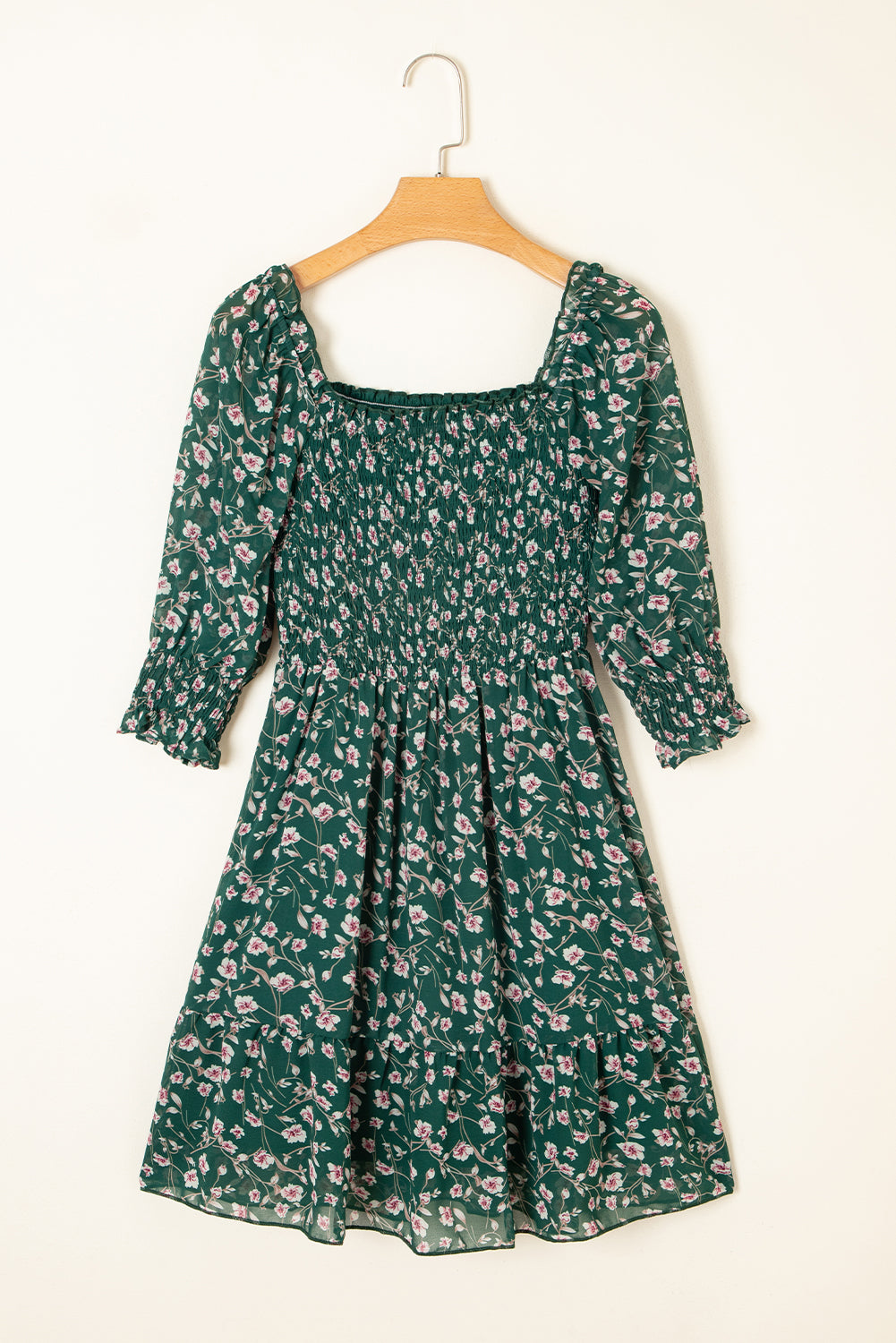 Green Smocked Square Neck Puff Short Sleeve Floral Dress-TOPS / DRESSES-[Adult]-[Female]-2022 Online Blue Zone Planet