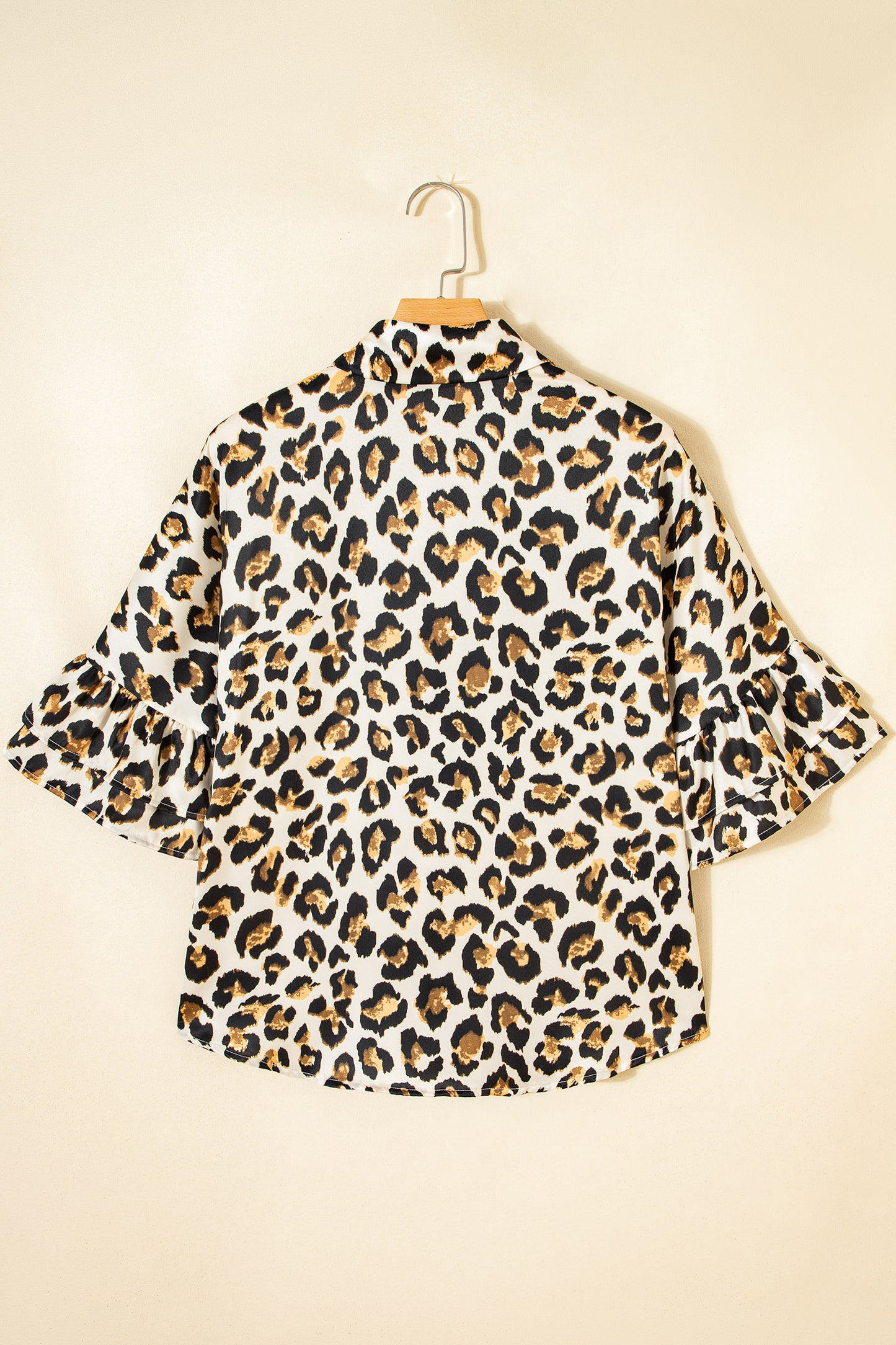 Khaki Leopard Print Ruffle Trim 3/4 Sleeve Loose Shirt-Tops/Blouses & Shirts-[Adult]-[Female]-2022 Online Blue Zone Planet