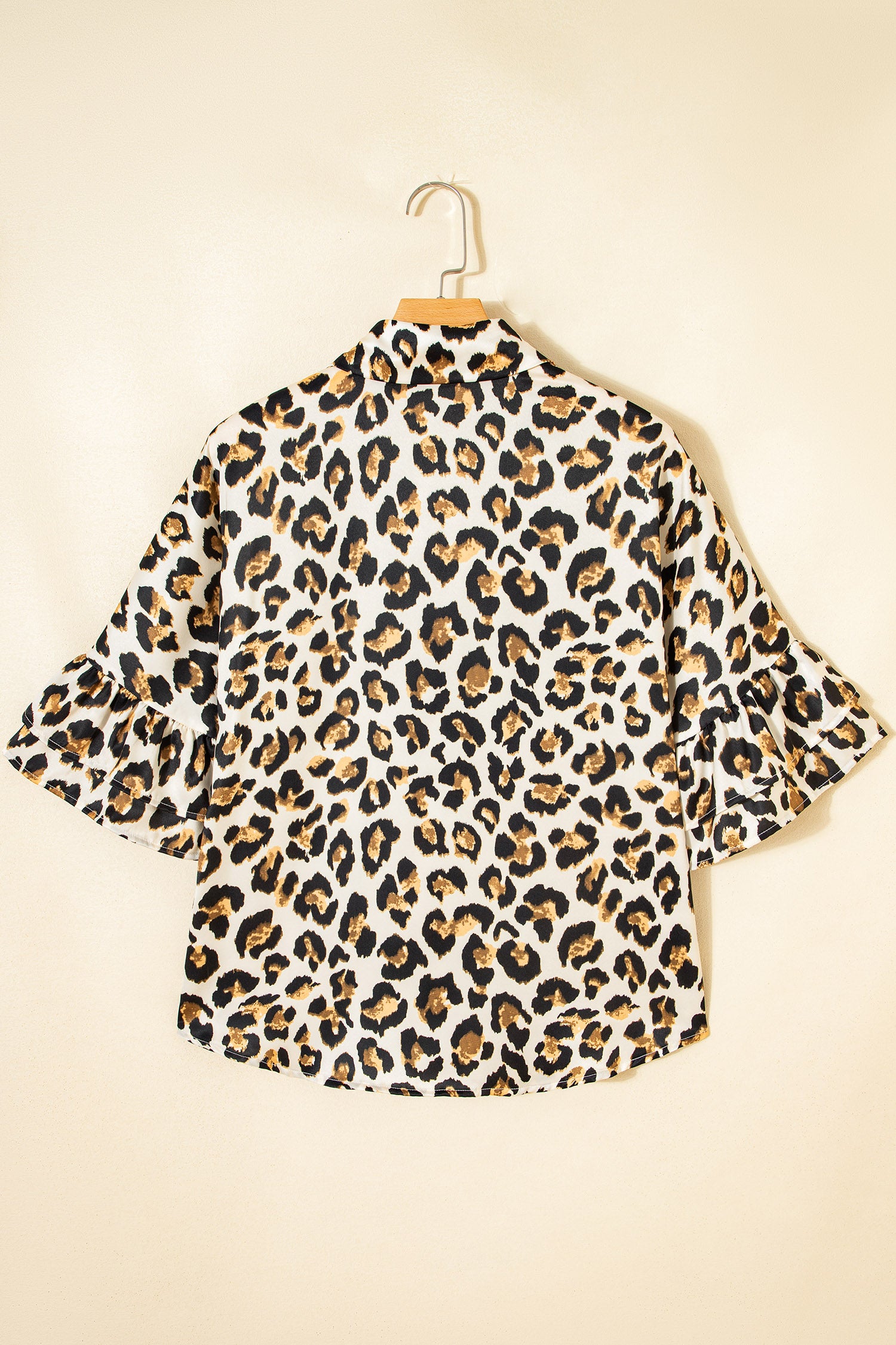 Khaki Leopard Print Ruffle Trim 3/4 Sleeve Loose Shirt-Tops/Blouses & Shirts-[Adult]-[Female]-2022 Online Blue Zone Planet