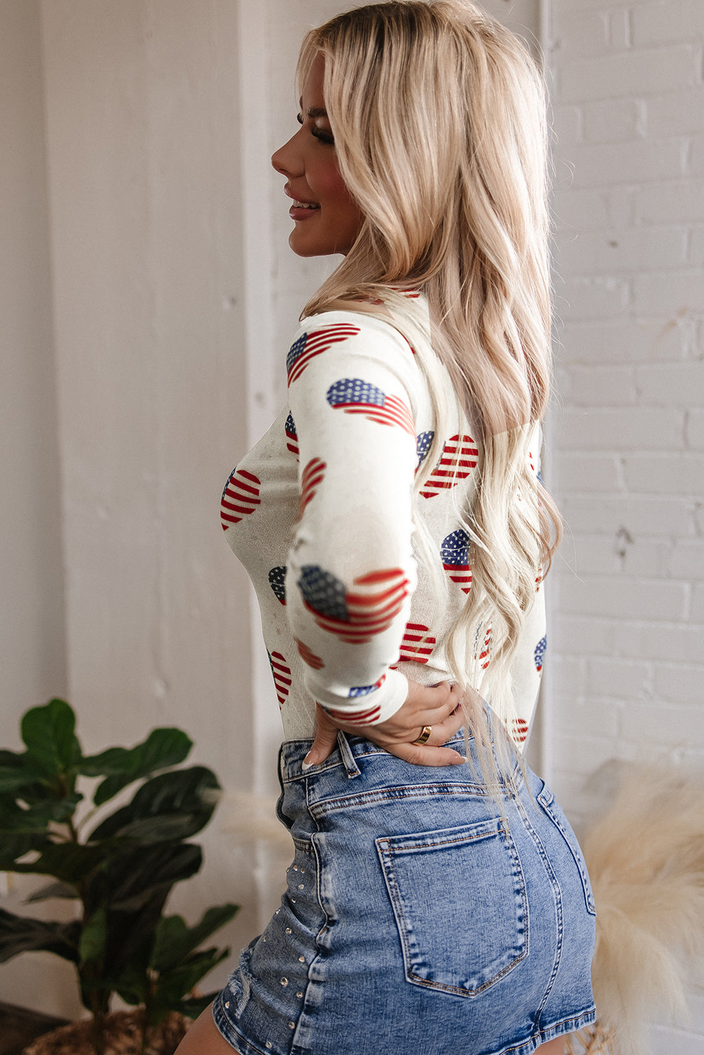 White Americana Glitter Mesh Long Sleeve Bodysuit-Tops/Bodysuits-[Adult]-[Female]-2022 Online Blue Zone Planet