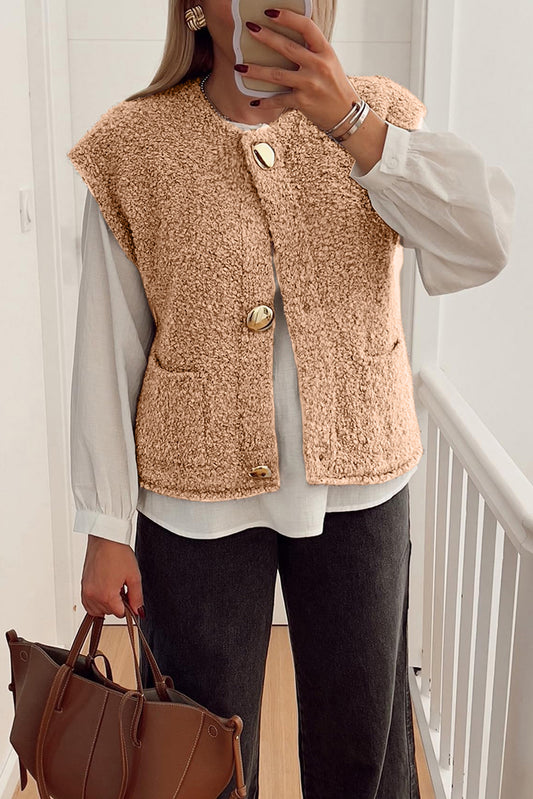 Light French Beige Big Button Accent Fuzzy Pocket Vest-TOPS / DRESSES-[Adult]-[Female]-Light French Beige-S-2022 Online Blue Zone Planet