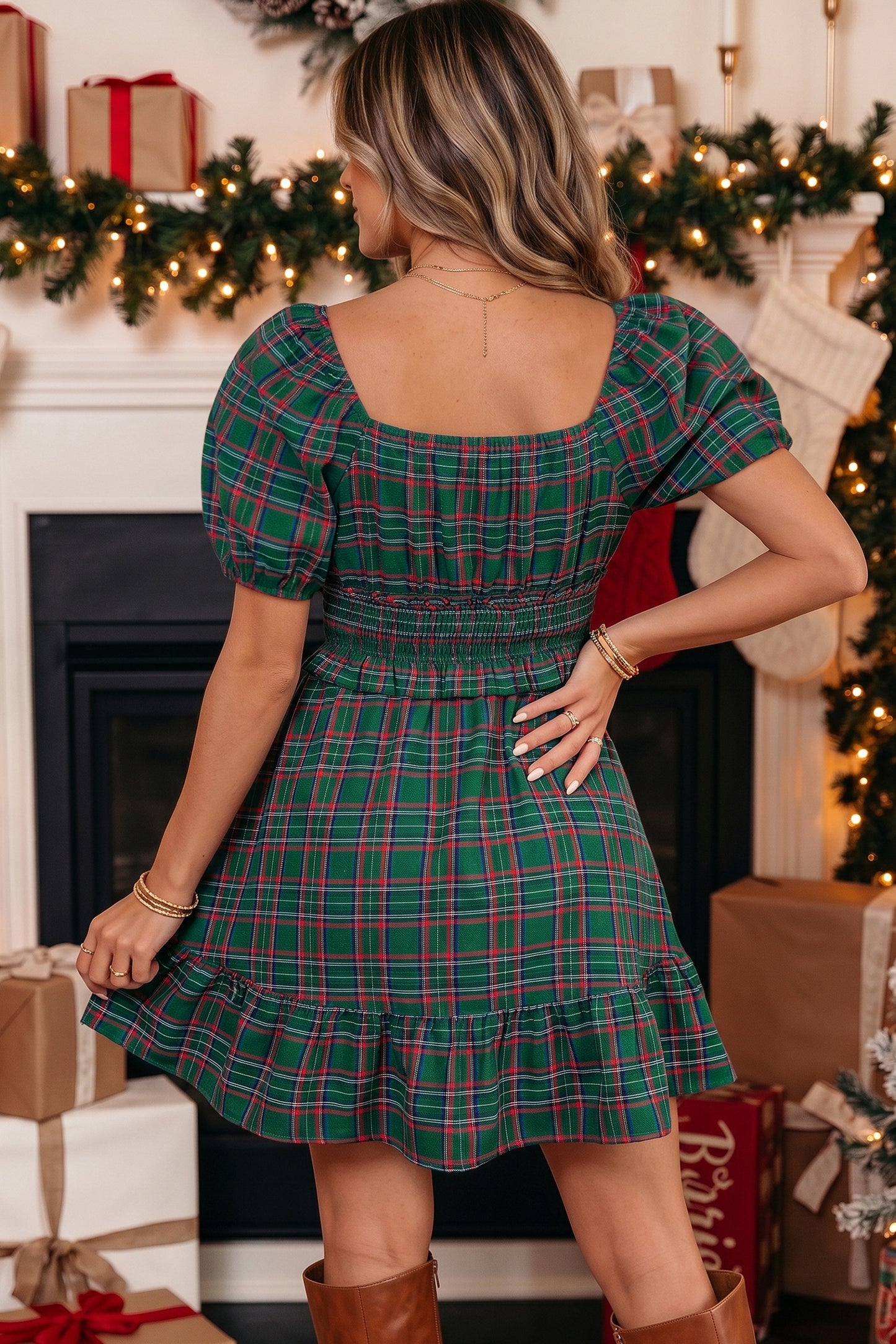 Green Plaid Shirred U Neck Short Sleeve Mini Dress-TOPS / DRESSES-[Adult]-[Female]-2022 Online Blue Zone Planet