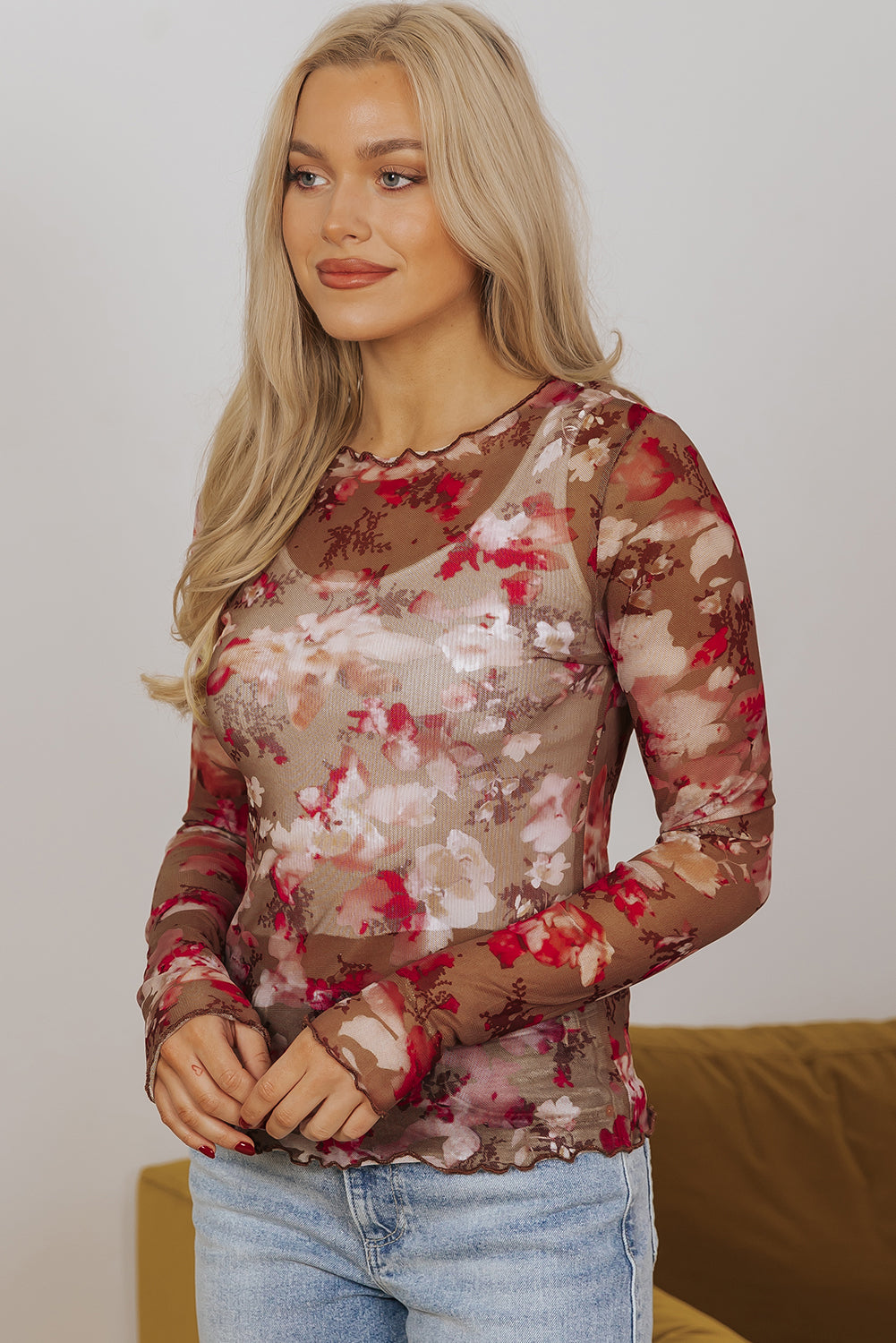 Blue Zone Planet | Red Floral Print Sheer Mesh Long Sleeve Top-Tops/Long Sleeve Tops-[Adult]-[Female]-2022 Online Blue Zone Planet