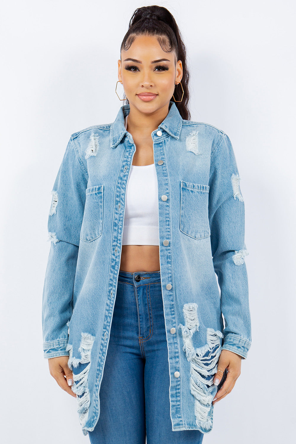 American Bazi Distressed Button Up Long Sleeve Denim Jacket-TOPS / DRESSES-[Adult]-[Female]-Lt Blue-S-2022 Online Blue Zone Planet