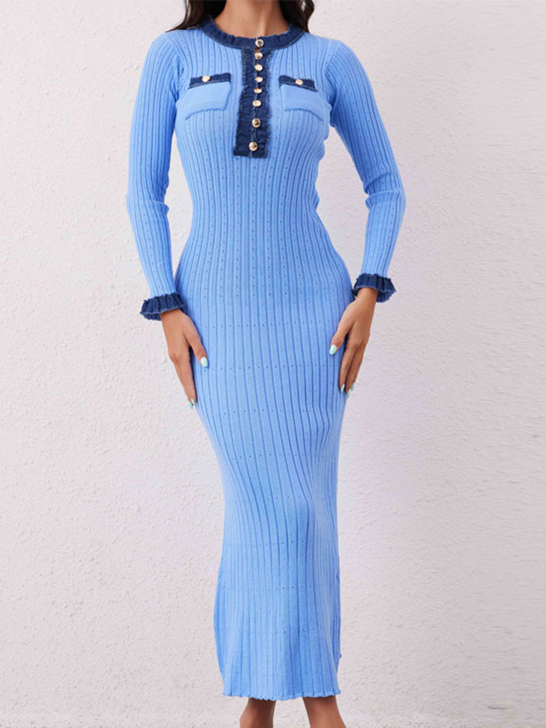 Blue Zone Planet | Contrast Trim Round Neck Long Sleeve Sweater Dress-TOPS / DRESSES-[Adult]-[Female]-Blue-One Size-2022 Online Blue Zone Planet