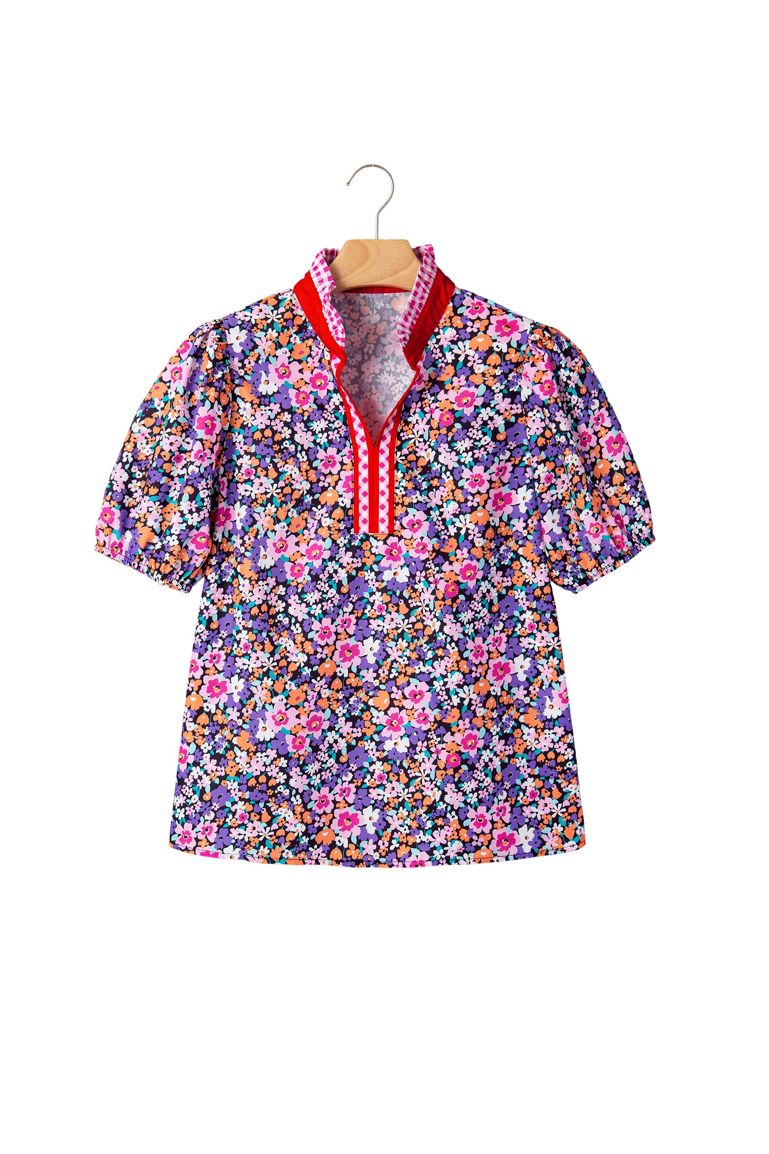 Purple Ditsy Floral Print Plaid Colorblock Trim V Neck Blouse-Tops/Blouses & Shirts-[Adult]-[Female]-2022 Online Blue Zone Planet