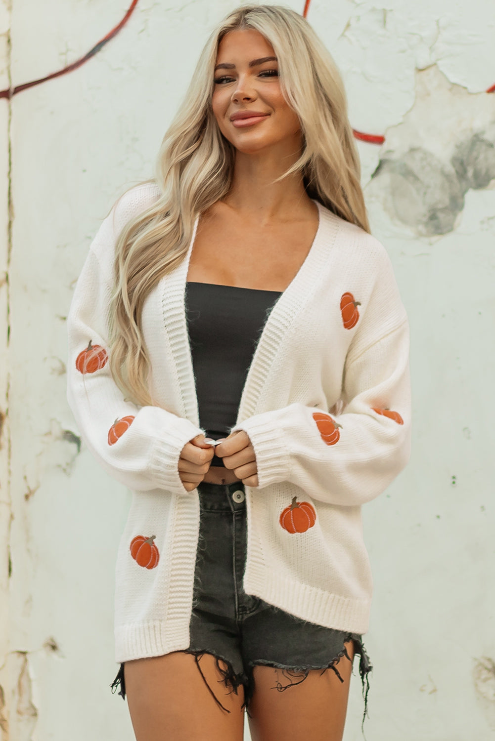 White Pumpkin Print Open Front Drop Shoulder Midi Cardigan-Sweaters & Cardigans/Cardigans-[Adult]-[Female]-2022 Online Blue Zone Planet