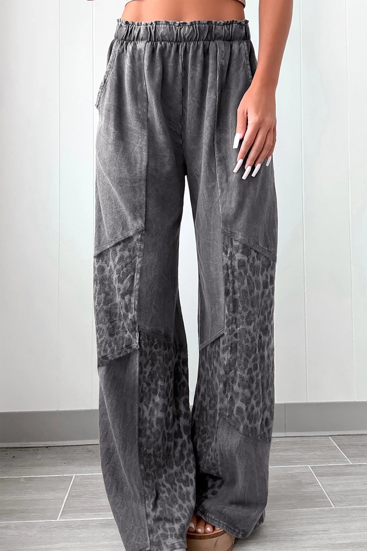 Dark Grey Mineral Wash Leopard Patchwork Loose Pants-Bottoms/Pants & Culotte-[Adult]-[Female]-Dark Grey-S-2022 Online Blue Zone Planet