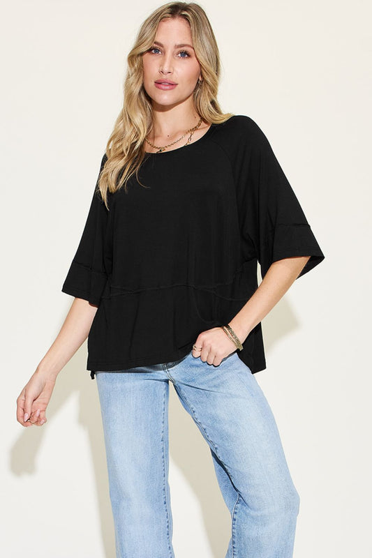 Blue Zone Planet | Basic Bae Full Size Bamboo Round Neck Exposed Seam T-Shirt-TOPS / DRESSES-[Adult]-[Female]-Black-S-2022 Online Blue Zone Planet