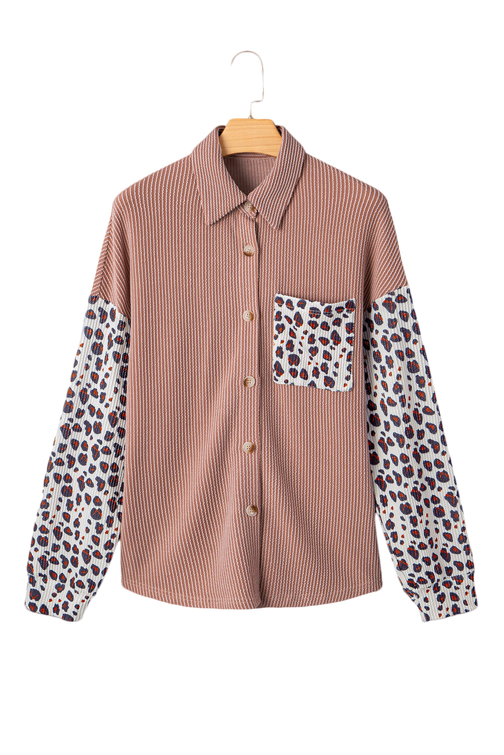 Dark Khaki Leopard Patched Twisted Ribbed Western Casual Shacket-Outerwear/Jackets-[Adult]-[Female]-2022 Online Blue Zone Planet