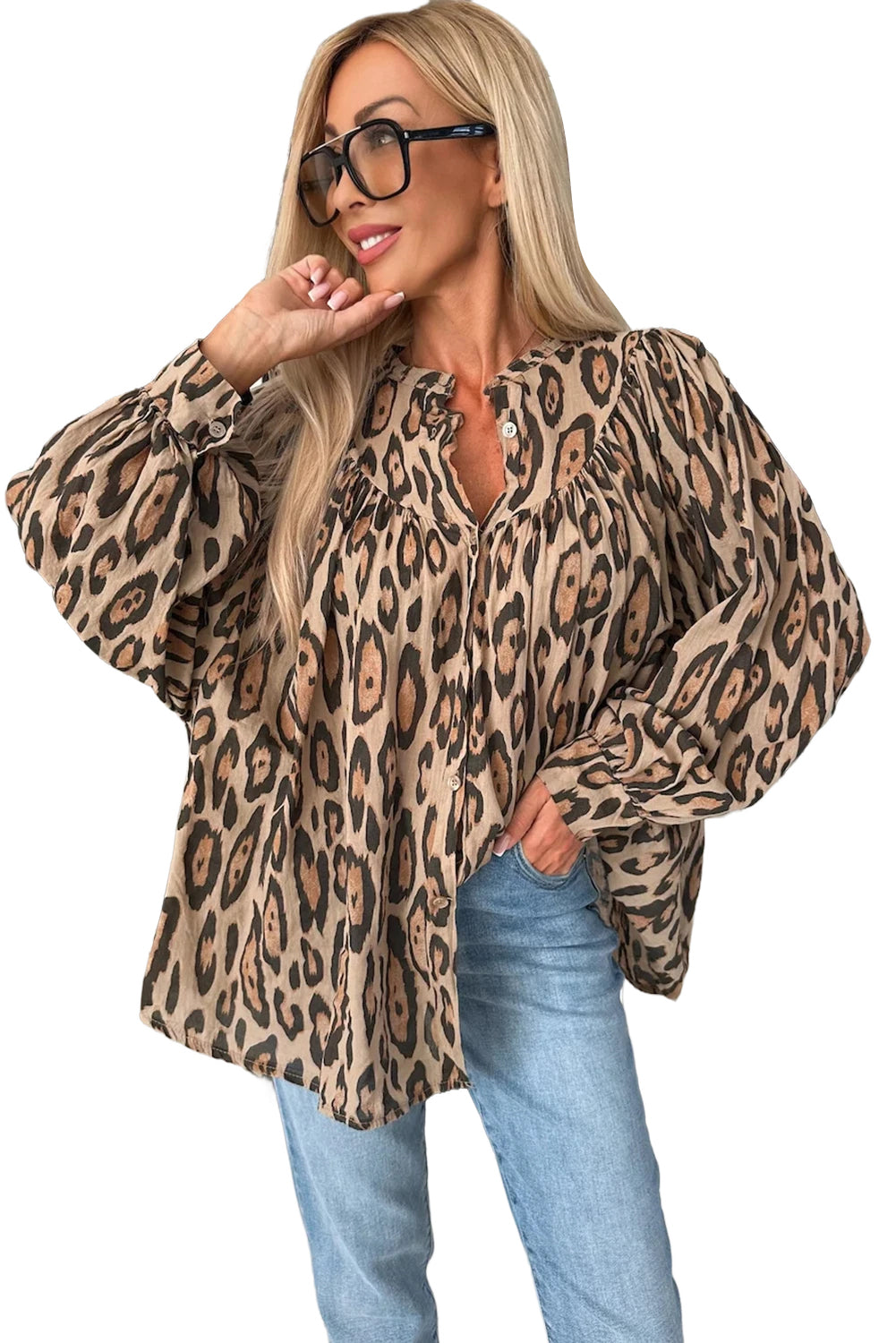 Blue Zone Planet | Jet Stream Oversized Leopard Print Balloon Sleeve Casual Shirt-Tops/Blouses & Shirts-[Adult]-[Female]-2022 Online Blue Zone Planet
