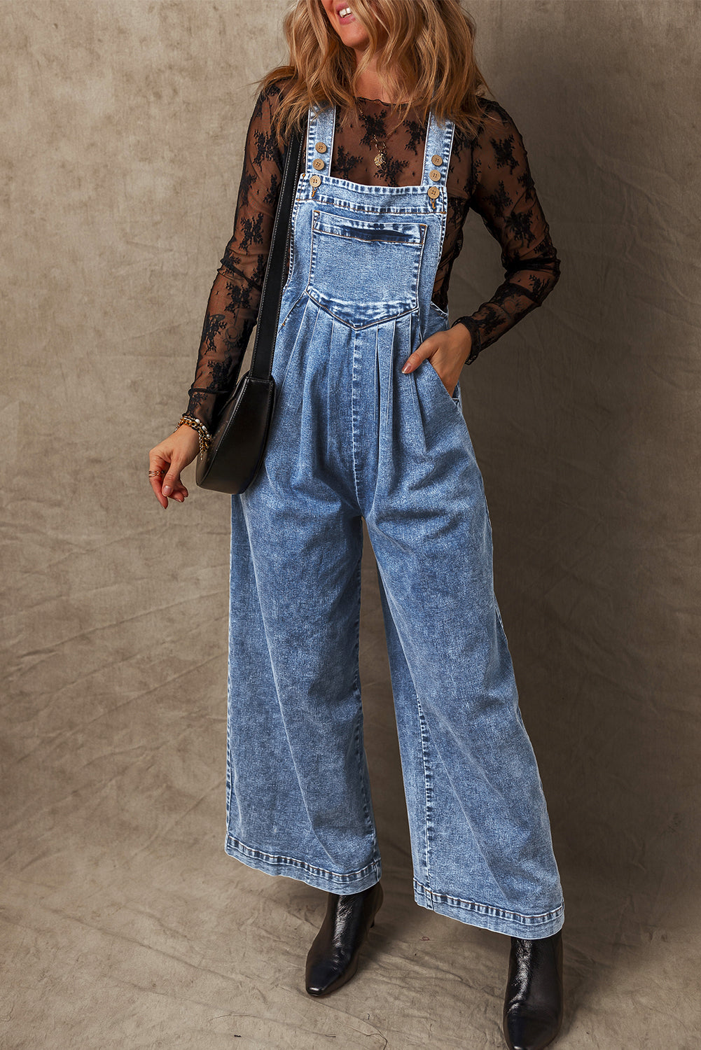 Blue Zone Planet | Light Blue Mineral Wash Buttoned Straps Wide Leg Denim Overalls-Bottoms/Jumpsuits & Rompers-[Adult]-[Female]-2022 Online Blue Zone Planet