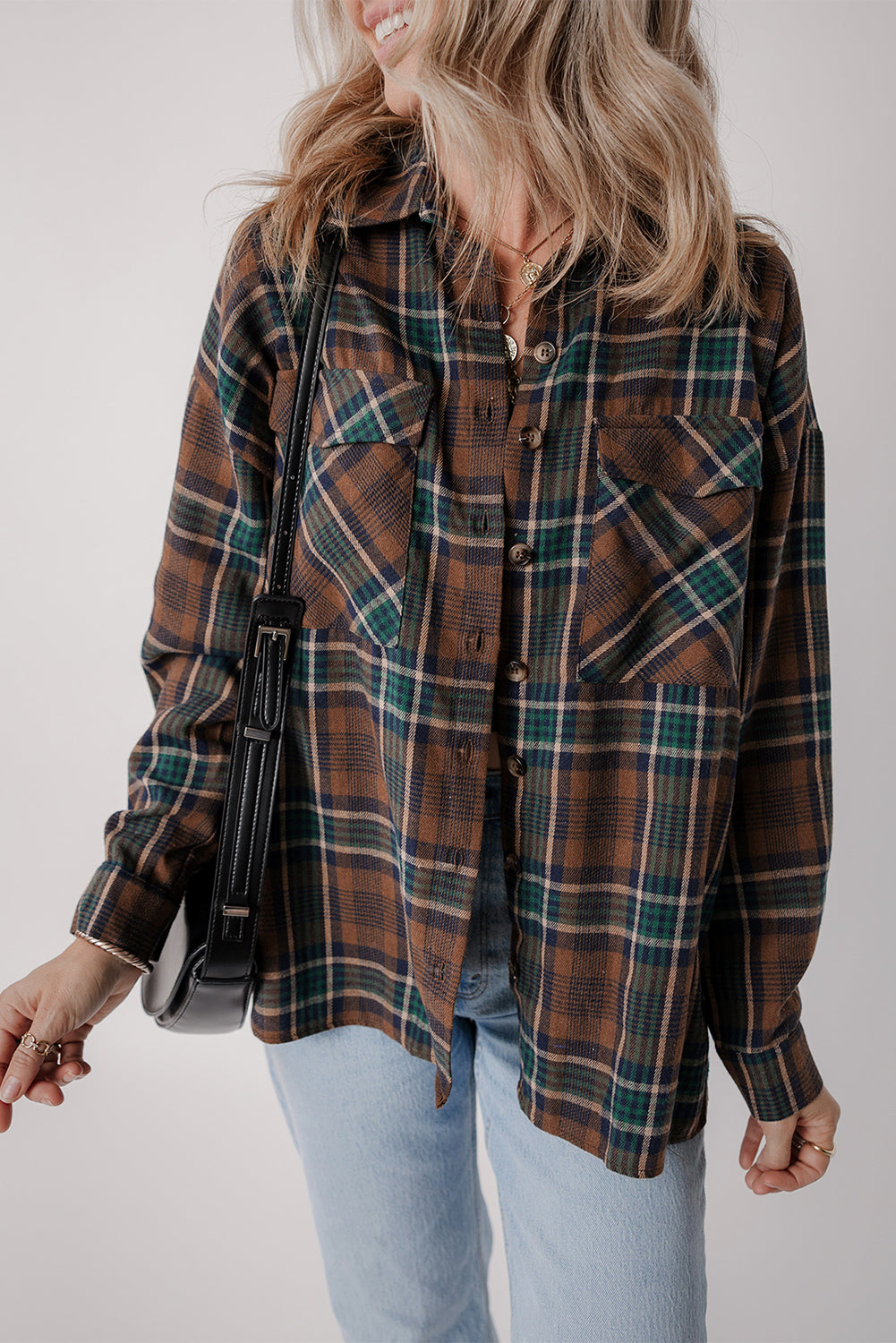 Brown Plaid Print Chest Pockets Buttoned Shirt Jacket-Outerwear/Plaid Shackets-[Adult]-[Female]-2022 Online Blue Zone Planet