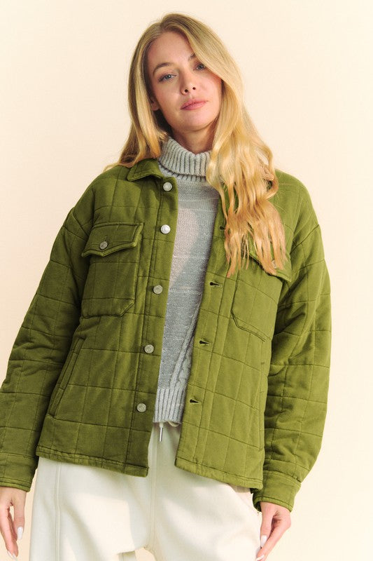 Davi & Dani Quilted Button Down Shacket with Chest Pockets-TOPS / DRESSES-[Adult]-[Female]-Yellow-Green-S-2022 Online Blue Zone Planet