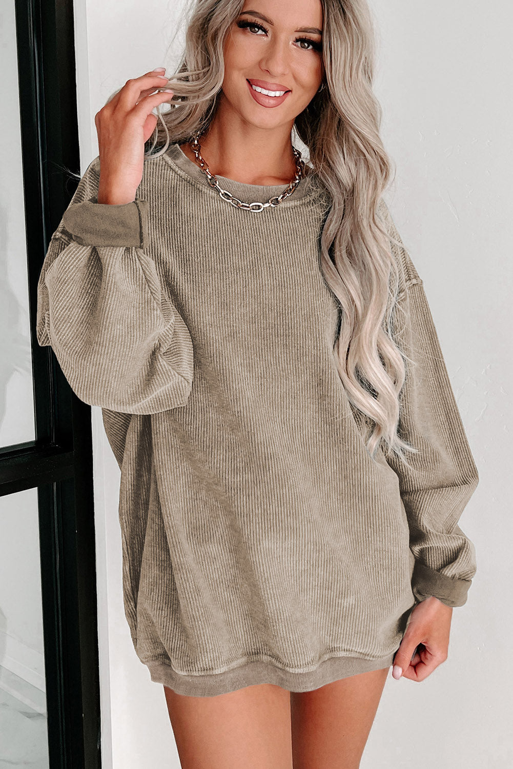 Khaki Solid Ribbed Knit Round Neck Pullover Sweatshirt-Tops/Sweatshirts & Hoodies-[Adult]-[Female]-2022 Online Blue Zone Planet