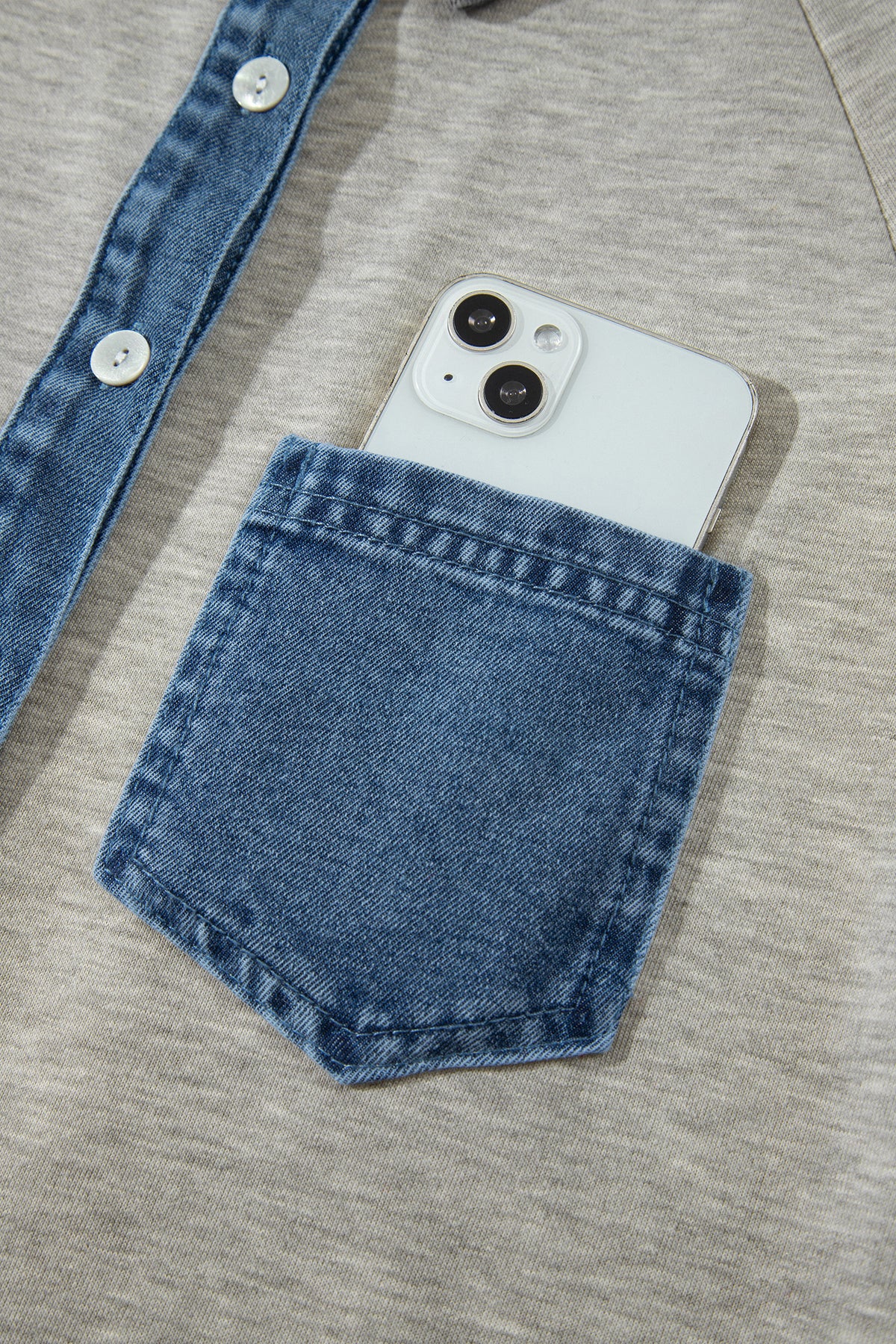 Gray Denim Collar Patchwork Long Sleeve Pullover Top-Tops/Long Sleeve Tops-[Adult]-[Female]-2022 Online Blue Zone Planet