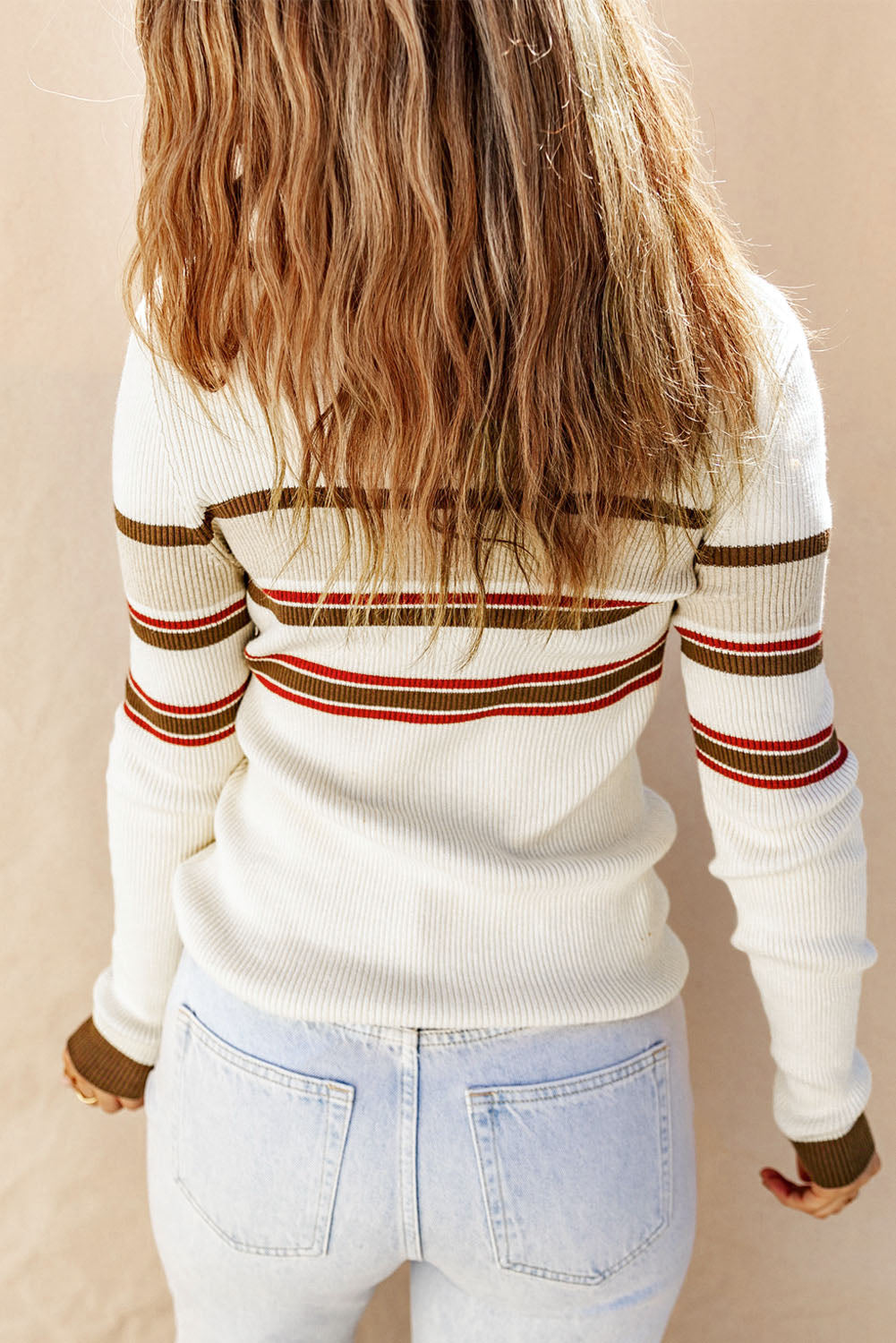 Blue Zone Planet | Half Button Contrast Stripe Long Sleeve Knit Top-TOPS / DRESSES-[Adult]-[Female]-2022 Online Blue Zone Planet