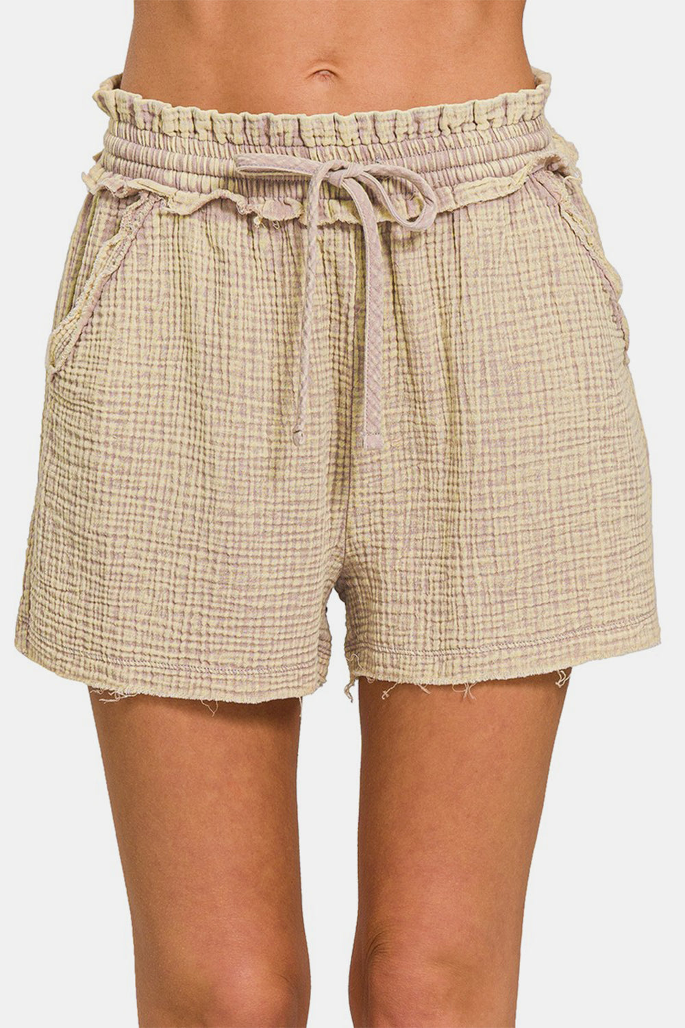 Blue Zone Planet | Zenana Washed Frayed Hem Drawstring Shorts-TOPS / DRESSES-[Adult]-[Female]-Ash Mocha-S-2022 Online Blue Zone Planet