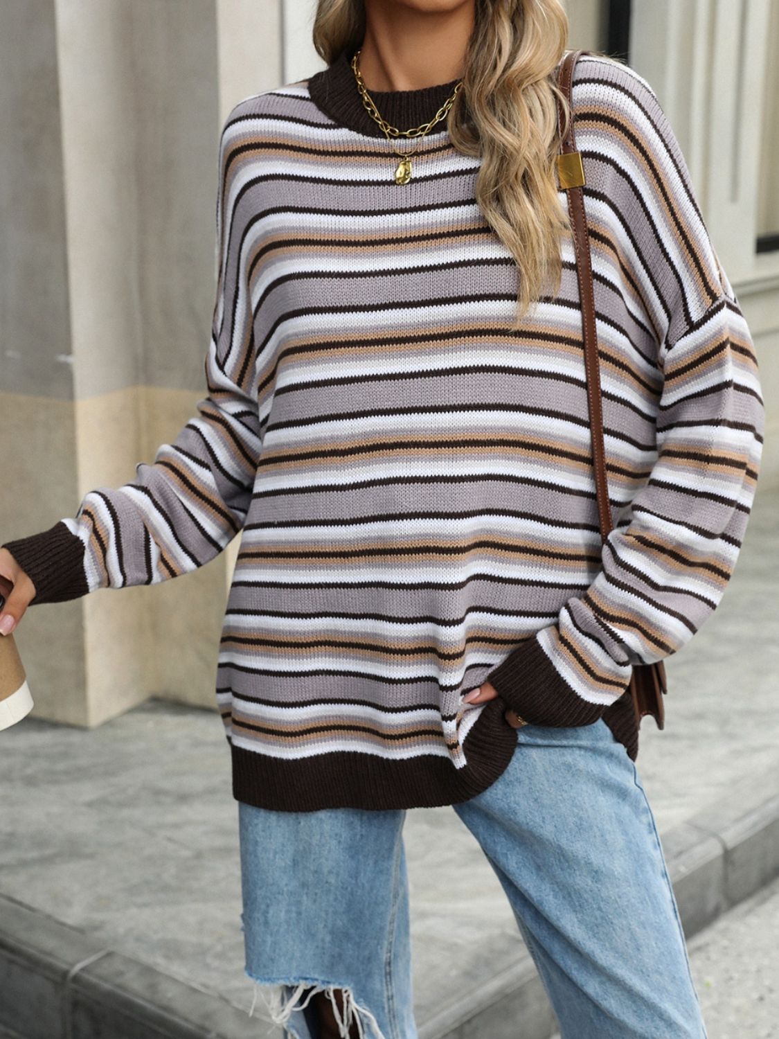 Striped Mock Neck Long Sleeve Sweater-TOPS / DRESSES-[Adult]-[Female]-2022 Online Blue Zone Planet