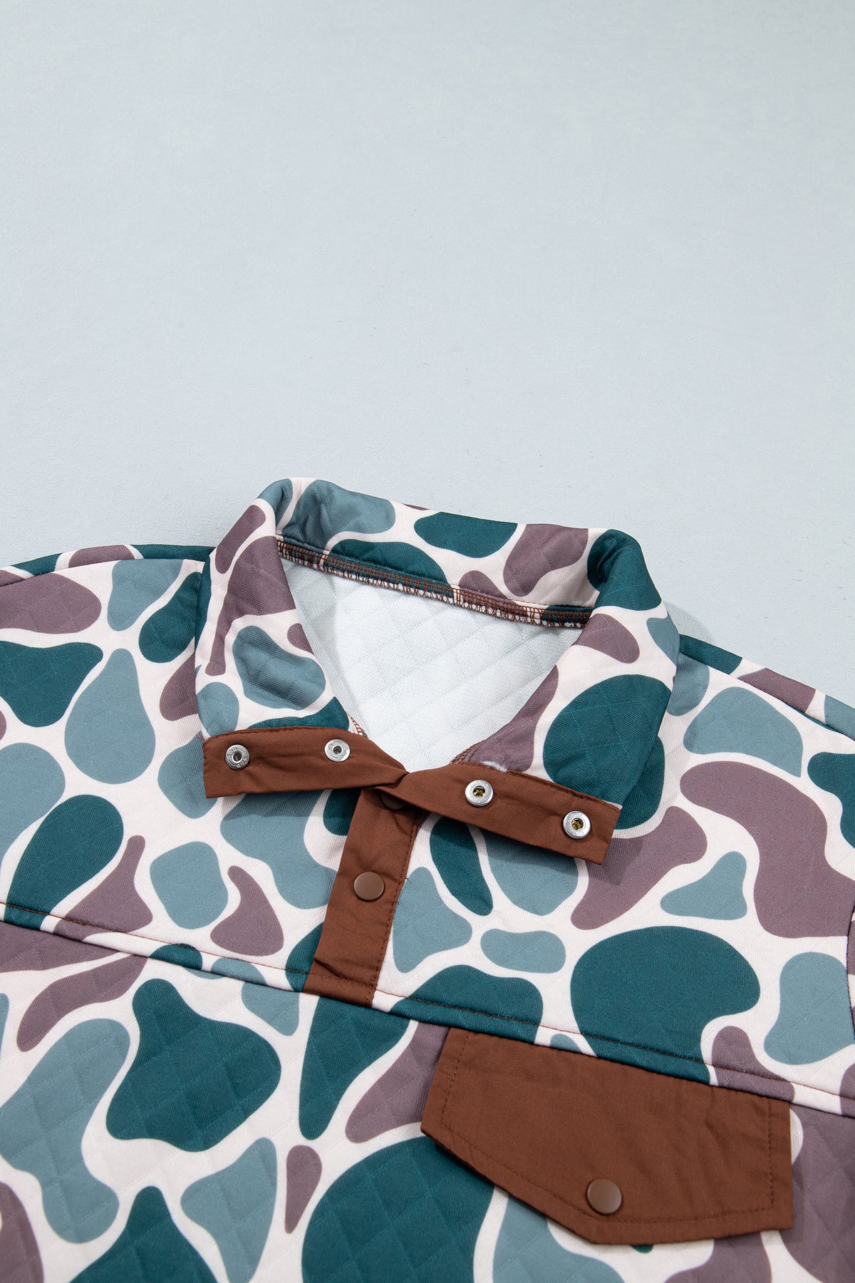 Multicolour Retro Camouflage Pattern Color Block Detail Button Pullover Sweatshirt