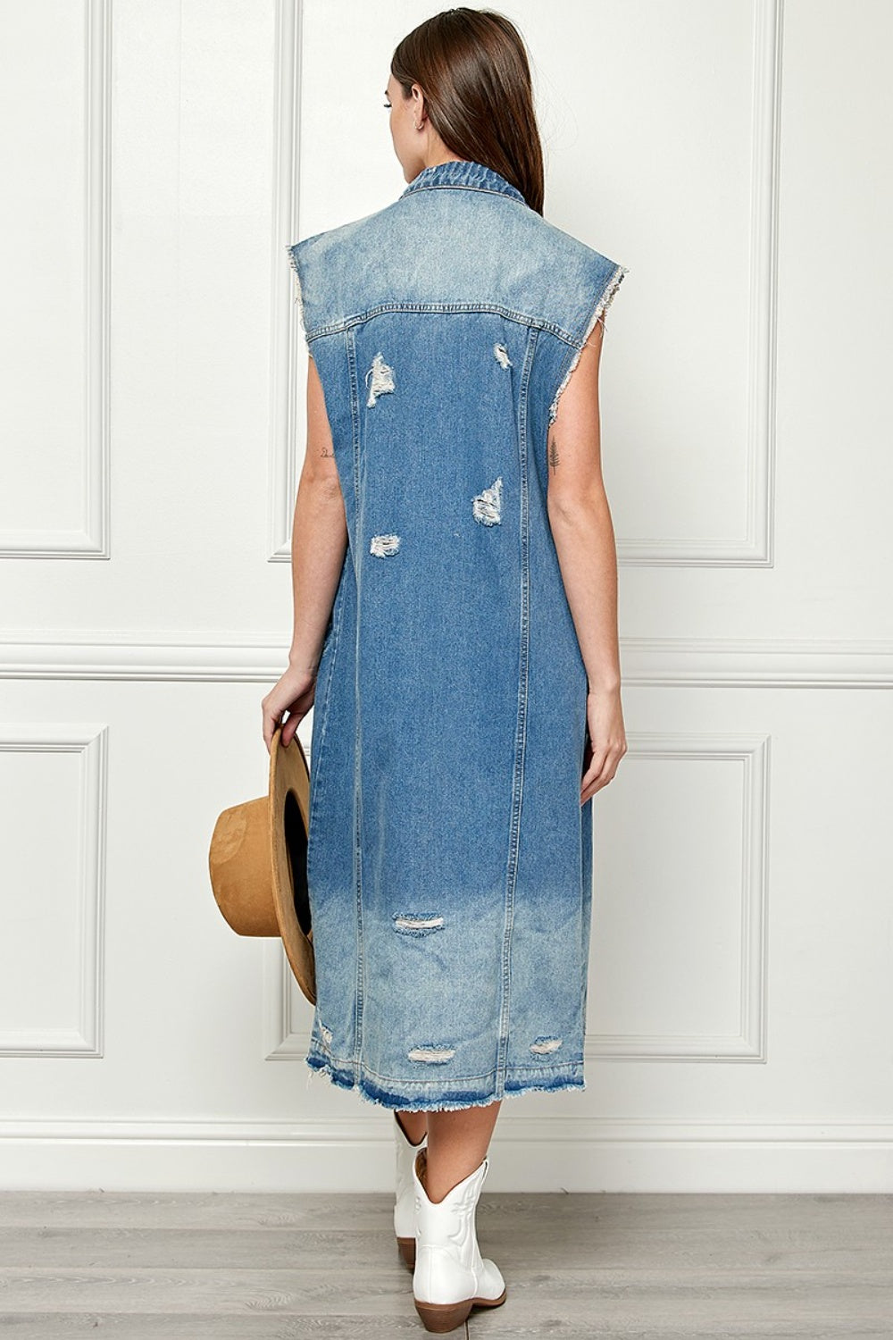 Veveret Full Size Distressed Sleeveless Longline Denim Jacket-TOPS / DRESSES-[Adult]-[Female]-2022 Online Blue Zone Planet