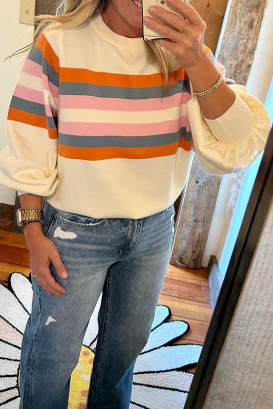 Beige Stripe Puff Sleeve Casual Pullover Sweatshirt-Tops/Sweatshirts & Hoodies-[Adult]-[Female]-Beige Stripe-S-2022 Online Blue Zone Planet