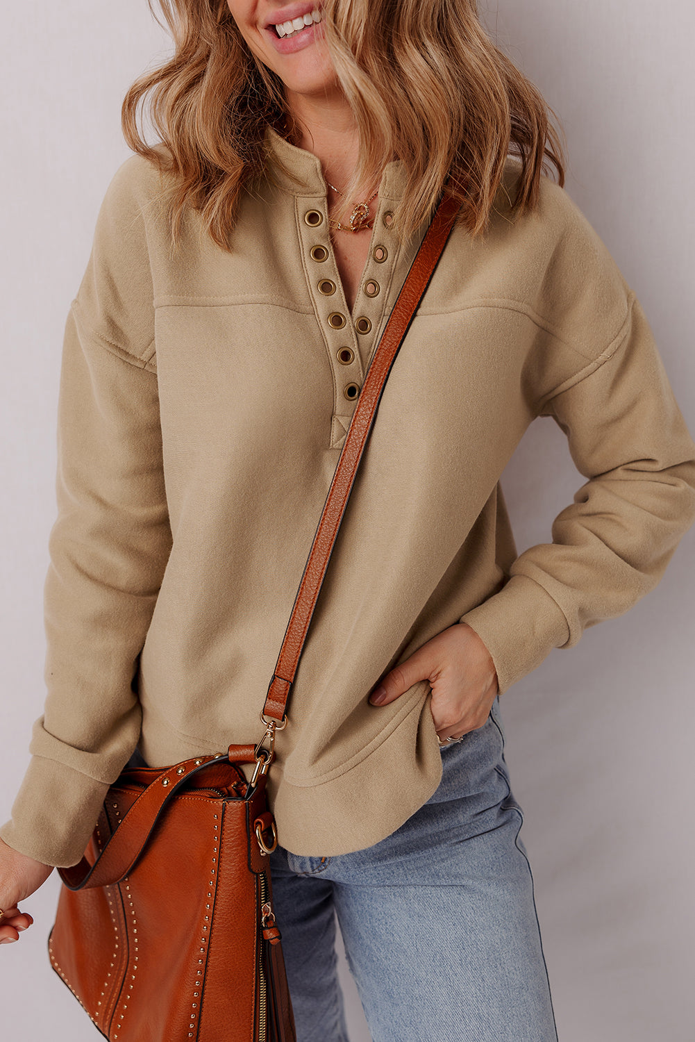 Light French Beige Grommet Detail V Neck Sweatshirt-Tops/Sweatshirts & Hoodies-[Adult]-[Female]-2022 Online Blue Zone Planet