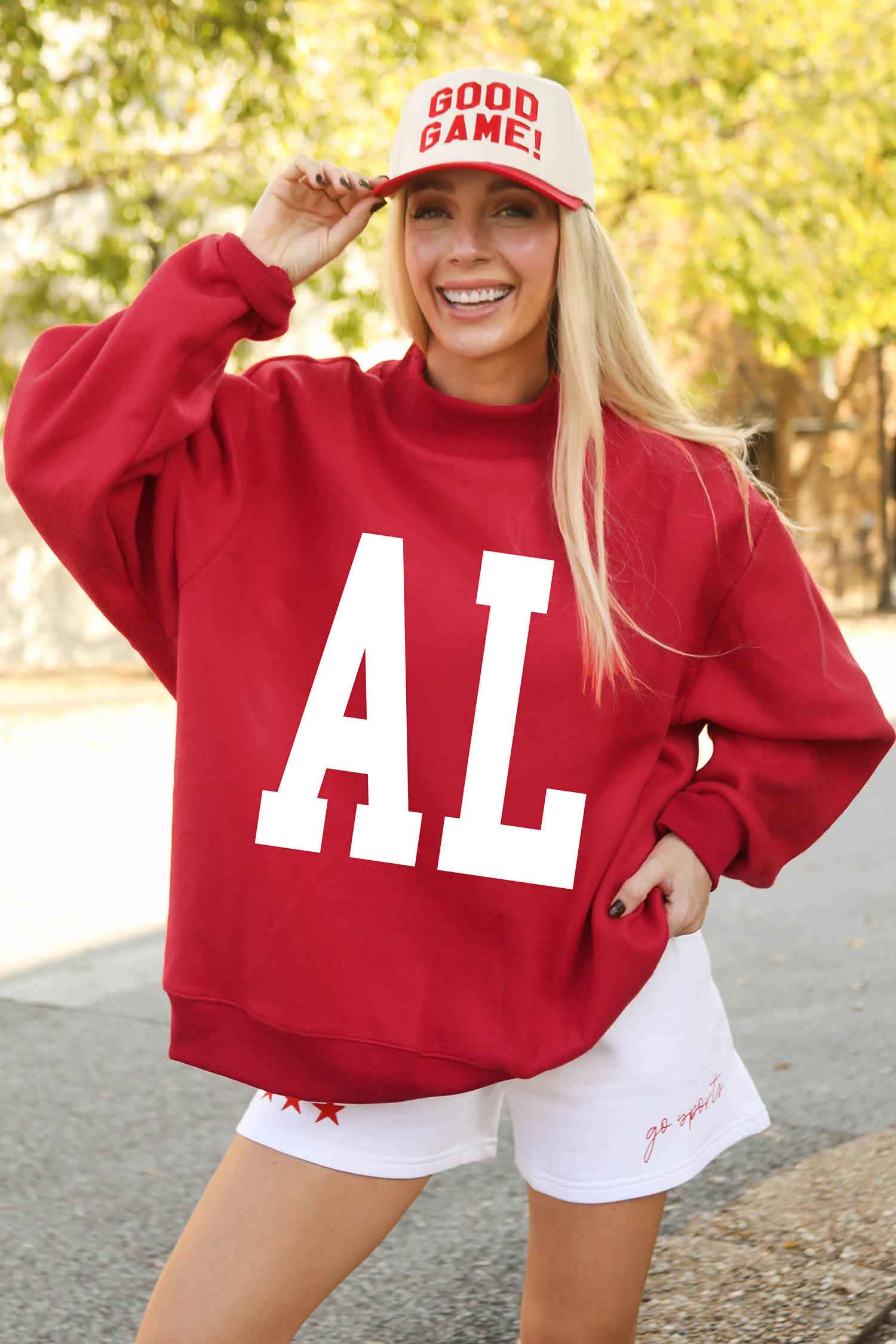 Racing Red ALABAMA/ AL Double Side Printed High Neck Reversible Baggy Sweatshirt-Graphic/Graphic Sweatshirts-[Adult]-[Female]-2022 Online Blue Zone Planet