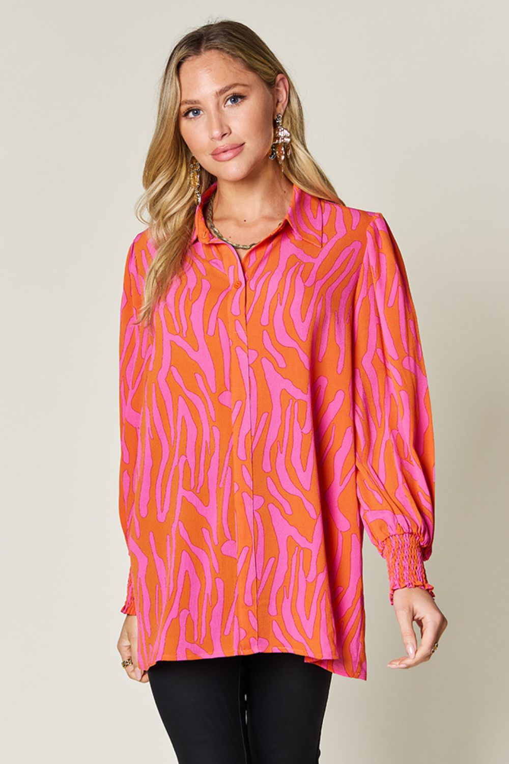 Blue Zone Planet | Double Take Full Size Printed Smocked Long Sleeve Blouse-TOPS / DRESSES-[Adult]-[Female]-Orange-S-2022 Online Blue Zone Planet