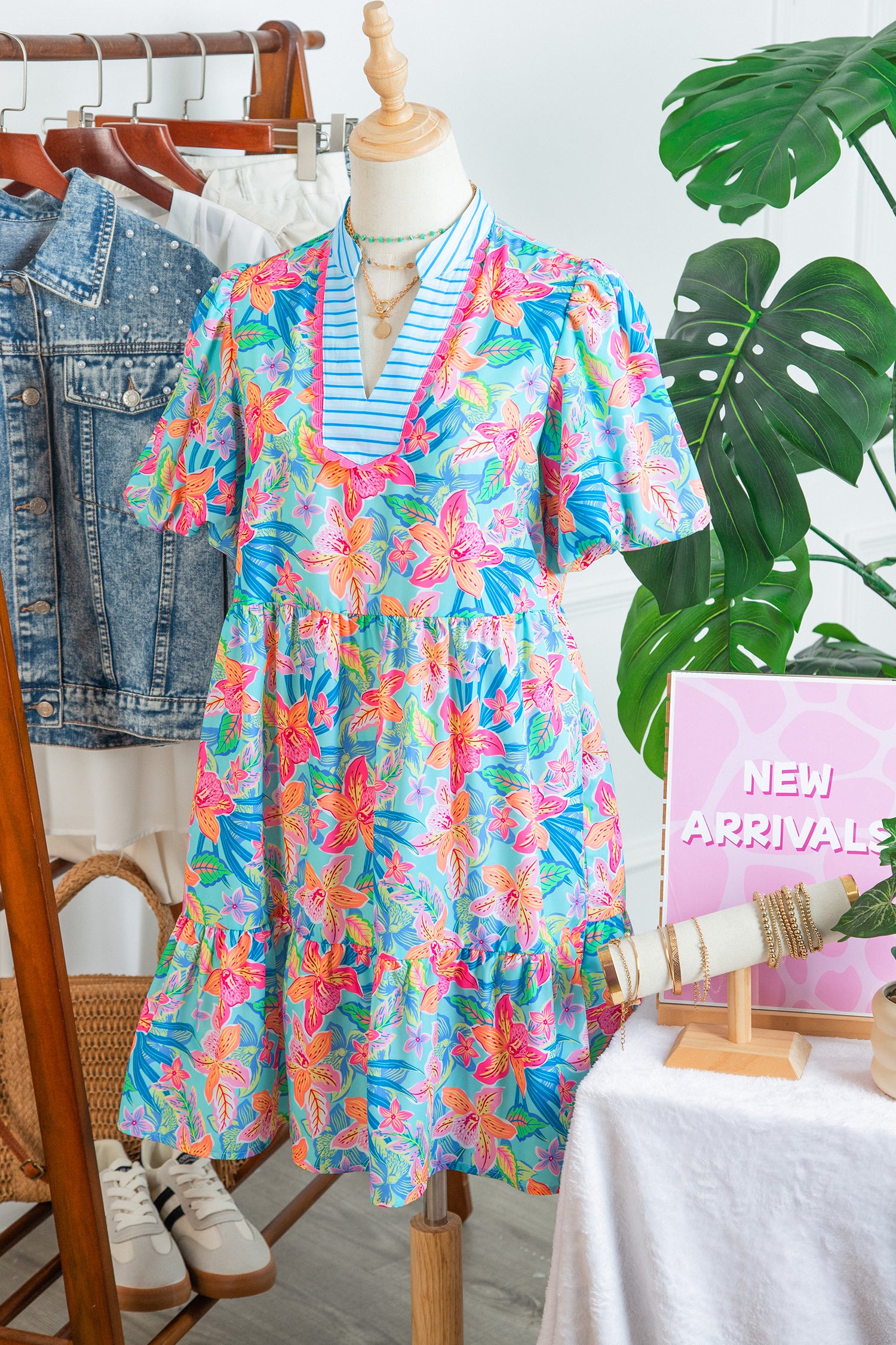 Multicolour Floral Print Contrast Scallop Striped Trim V Neck Dress-TOPS / DRESSES-[Adult]-[Female]-2022 Online Blue Zone Planet
