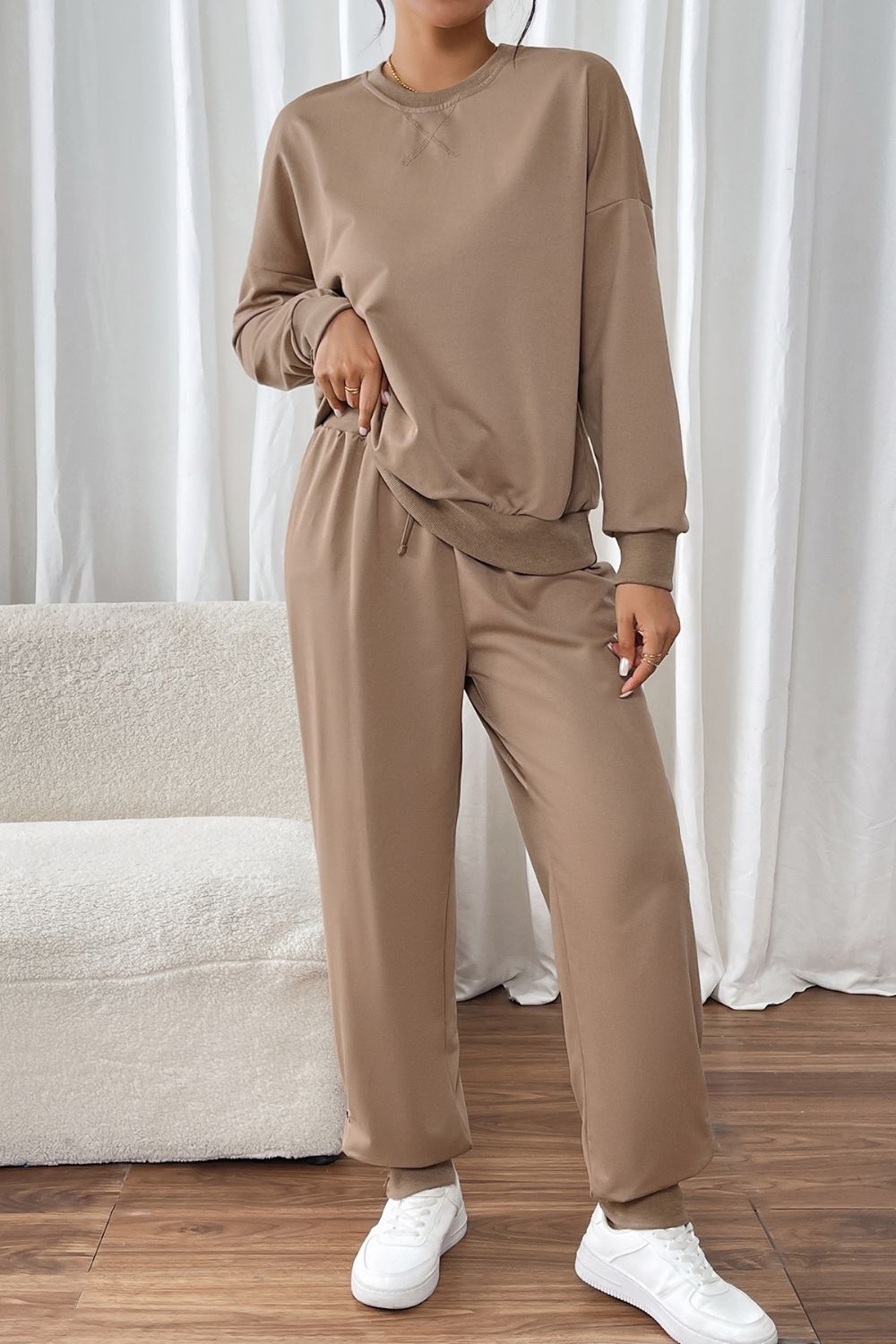 Blue Zone Planet | Perfee Round Neck Long Sleeve Top and Pants Set-TOPS / DRESSES-[Adult]-[Female]-Camel-S-2022 Online Blue Zone Planet