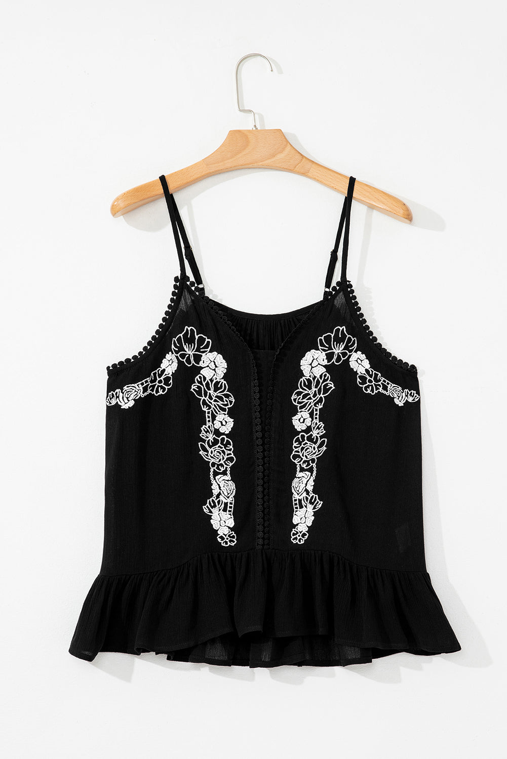 Black Floral Embroidery Ruffled Spaghetti Straps Tank Top-Tops/Tank Tops-[Adult]-[Female]-2022 Online Blue Zone Planet