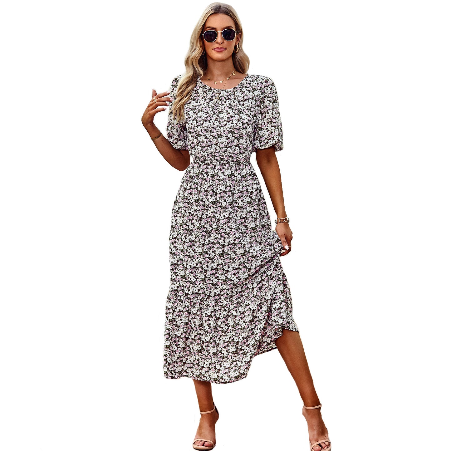 Floral Cutout Puff Sleeve Midi Dress-TOPS / DRESSES-[Adult]-[Female]-2022 Online Blue Zone Planet