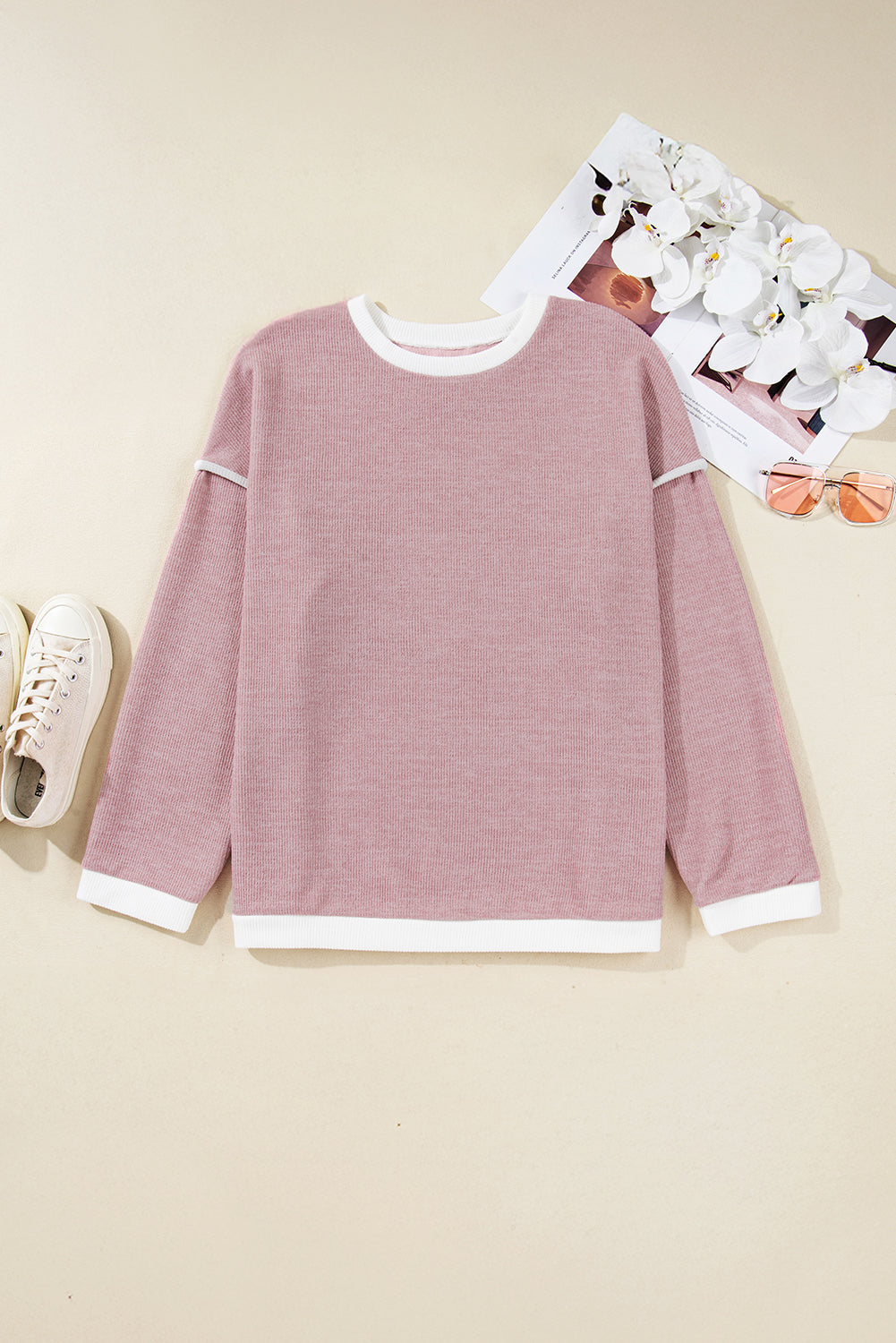 Light Pink Contrast Trim Knitted Drop Shoulder Plus Size Top-Plus Size/Plus Size Tops/Plus Size Long Sleeve Tops-[Adult]-[Female]-2022 Online Blue Zone Planet