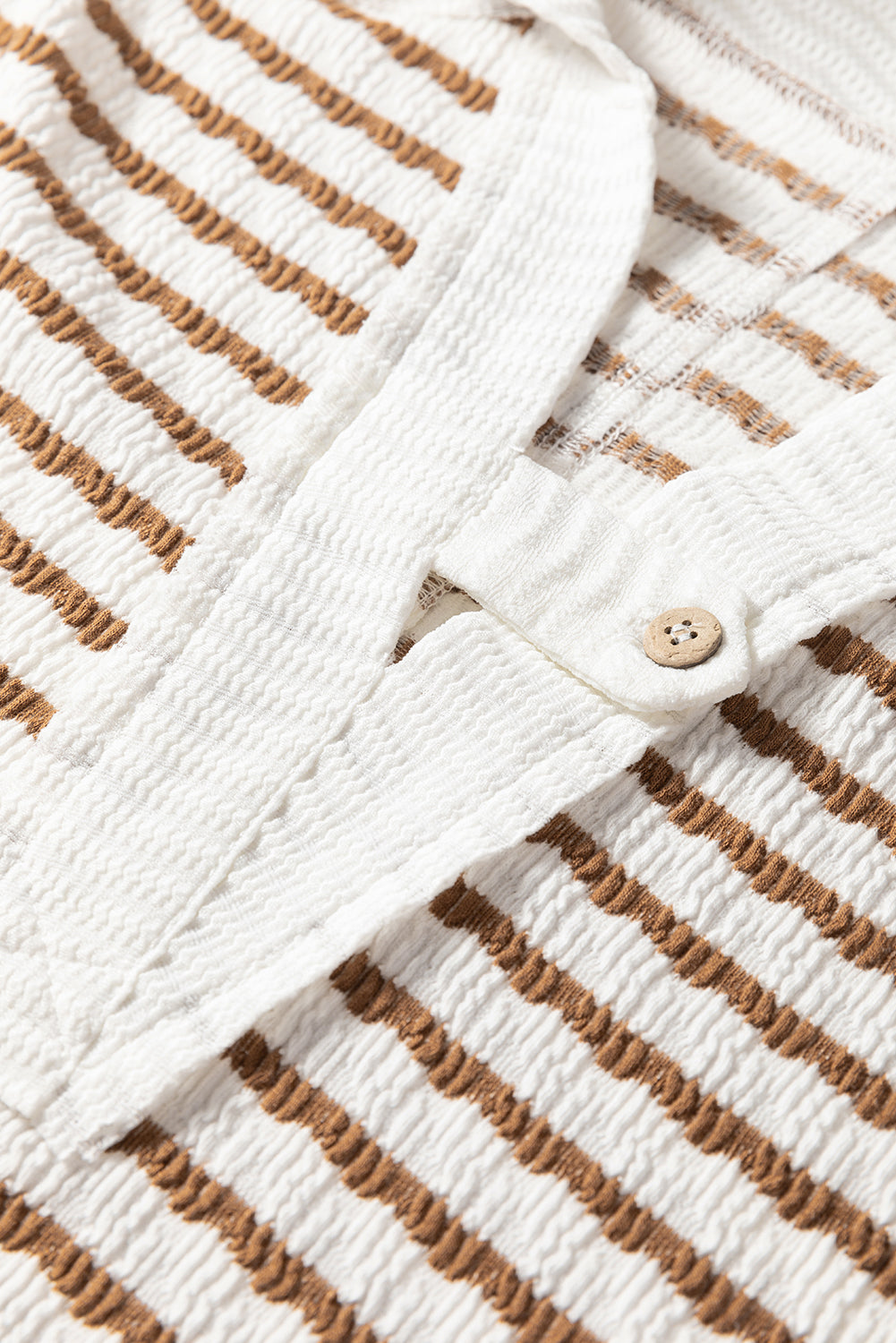 Khaki Stripe Buttoned V Neck Textured Hooded Plus Size Top-Tops / Dresses-[Adult]-[Female]-2022 Online Blue Zone Planet