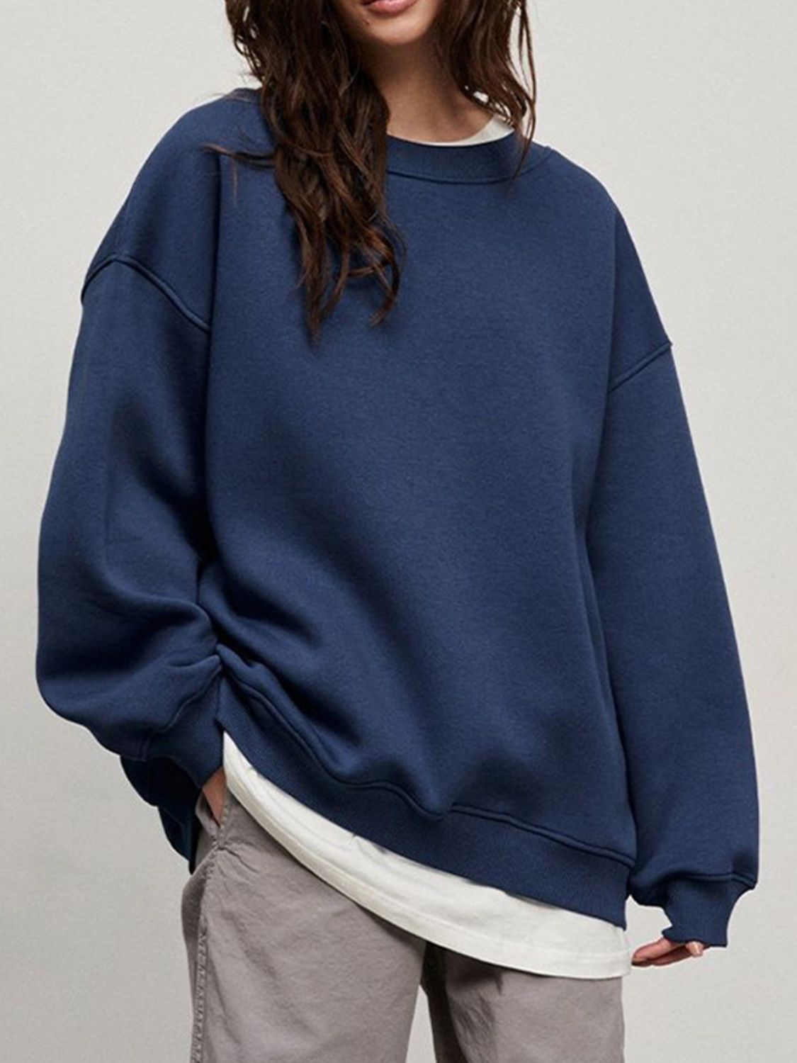 Round Neck Dropped Shoulder Long Sleeve Sweatshirt-TOPS / DRESSES-[Adult]-[Female]-Dark Blue-M-2022 Online Blue Zone Planet