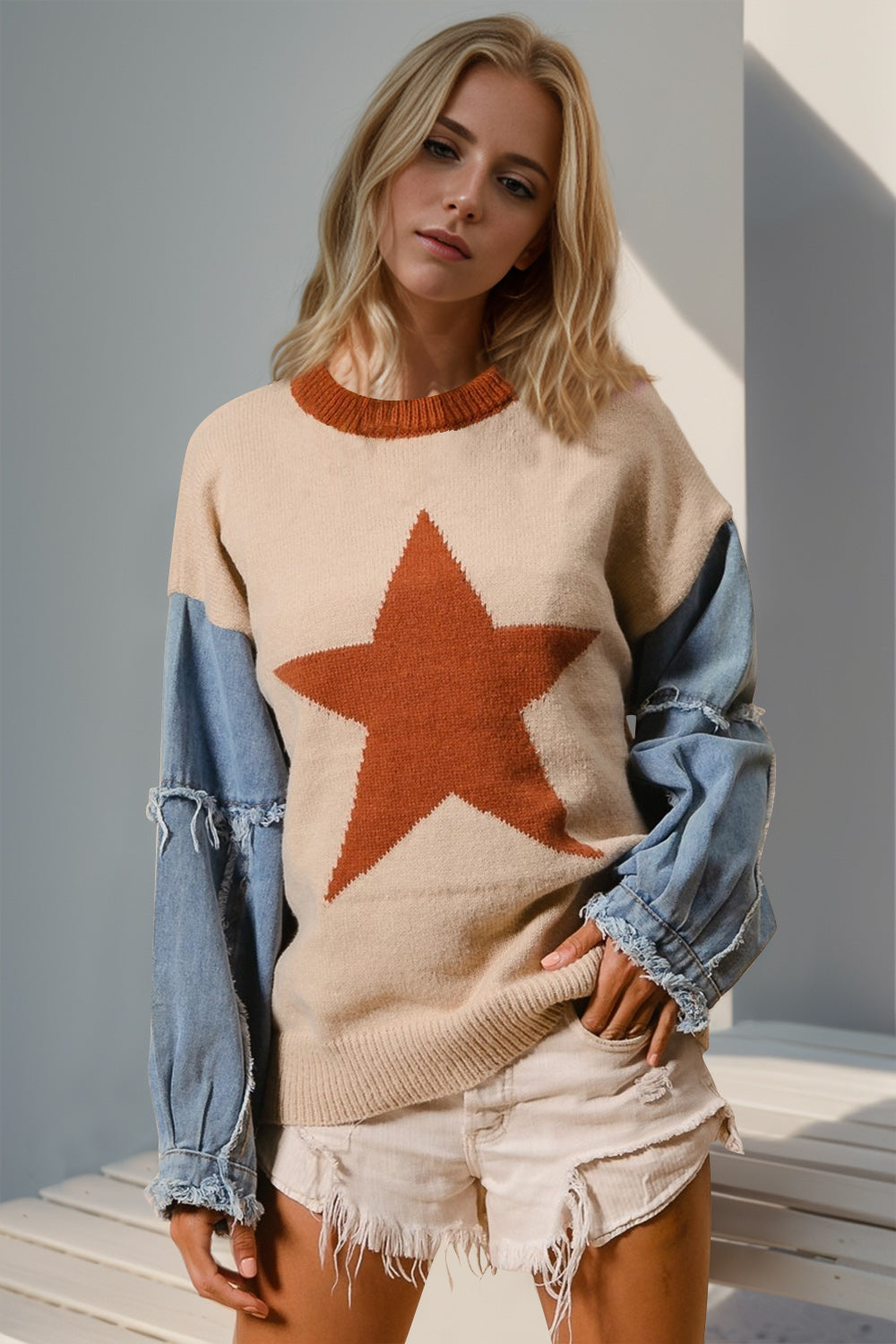 Blue Zone Planet | Double Take Full Size Star Pattern Raw Edge Long Sleeve Sweater-TOPS / DRESSES-[Adult]-[Female]-Tan-S/M-2022 Online Blue Zone Planet