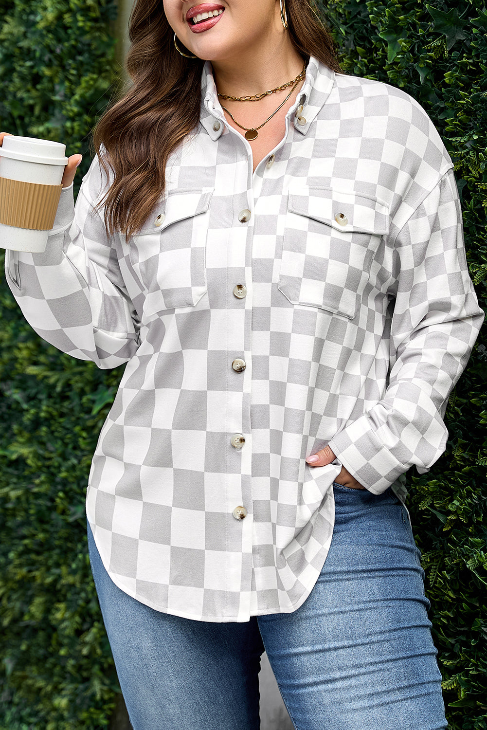 Khaki Plus Size Checkered Buttoned Down Casual Western Jacket-Plus Size/Plus Size Outerwear-[Adult]-[Female]-2022 Online Blue Zone Planet