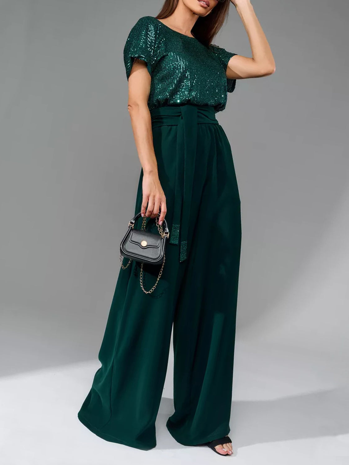 Full Size Sequin Round Neck Short Sleeve Wide Leg Jumpsuit-TOPS / DRESSES-[Adult]-[Female]-Dark Green-S-2022 Online Blue Zone Planet