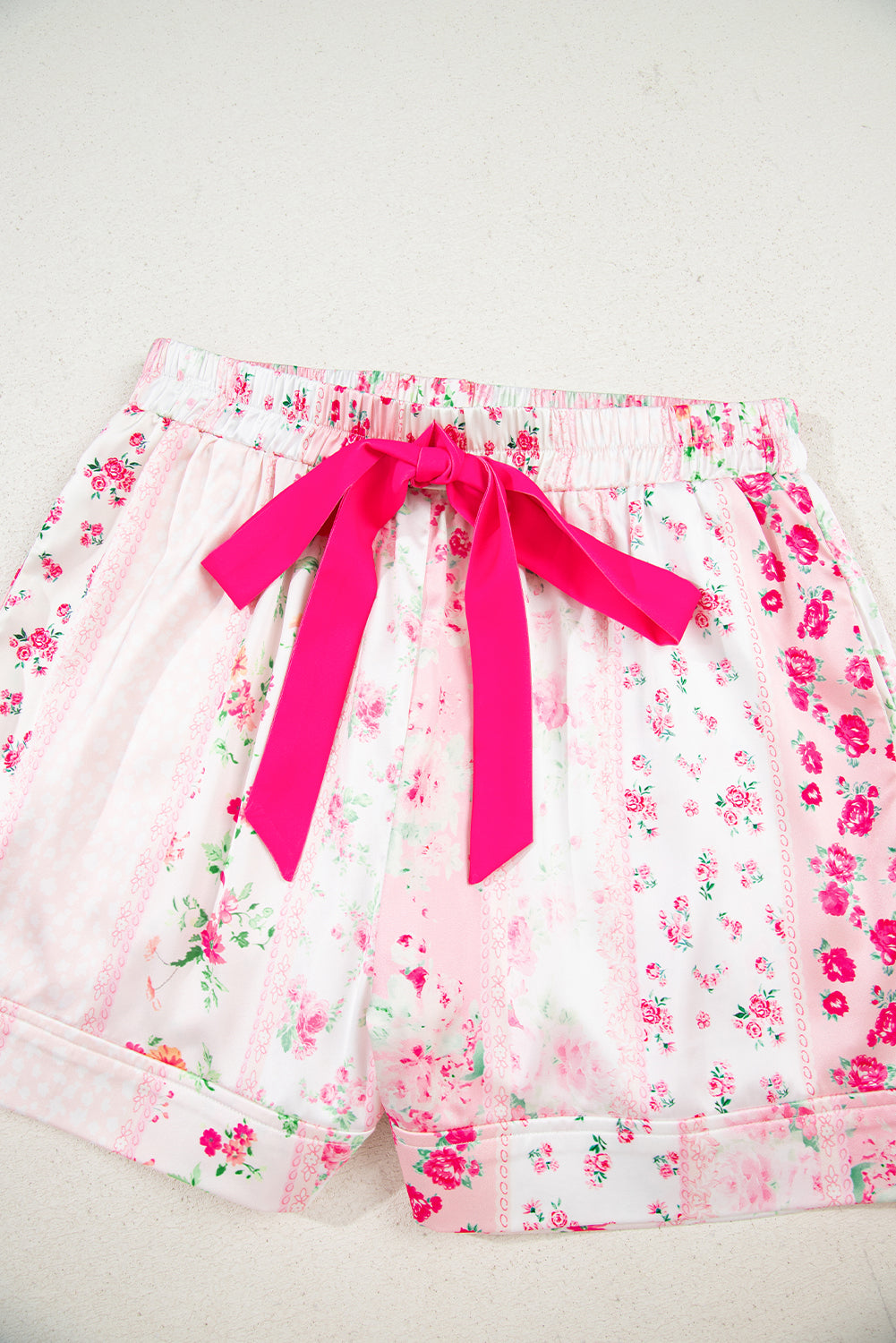 Pink Mixed Floral Print Contrast Piping Trim Satin Tie 2pcs Pajama Set-Loungewear & Sleepwear/Sleepwear-[Adult]-[Female]-2022 Online Blue Zone Planet