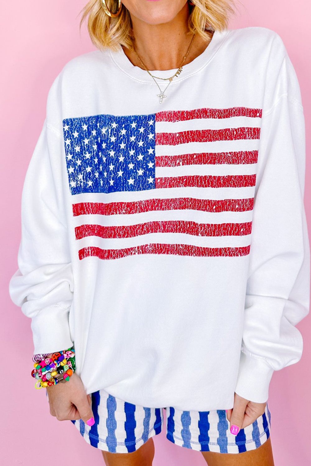 US Flag Round Neck Long Sleeve Sweatshirt-TOPS / DRESSES-[Adult]-[Female]-2022 Online Blue Zone Planet