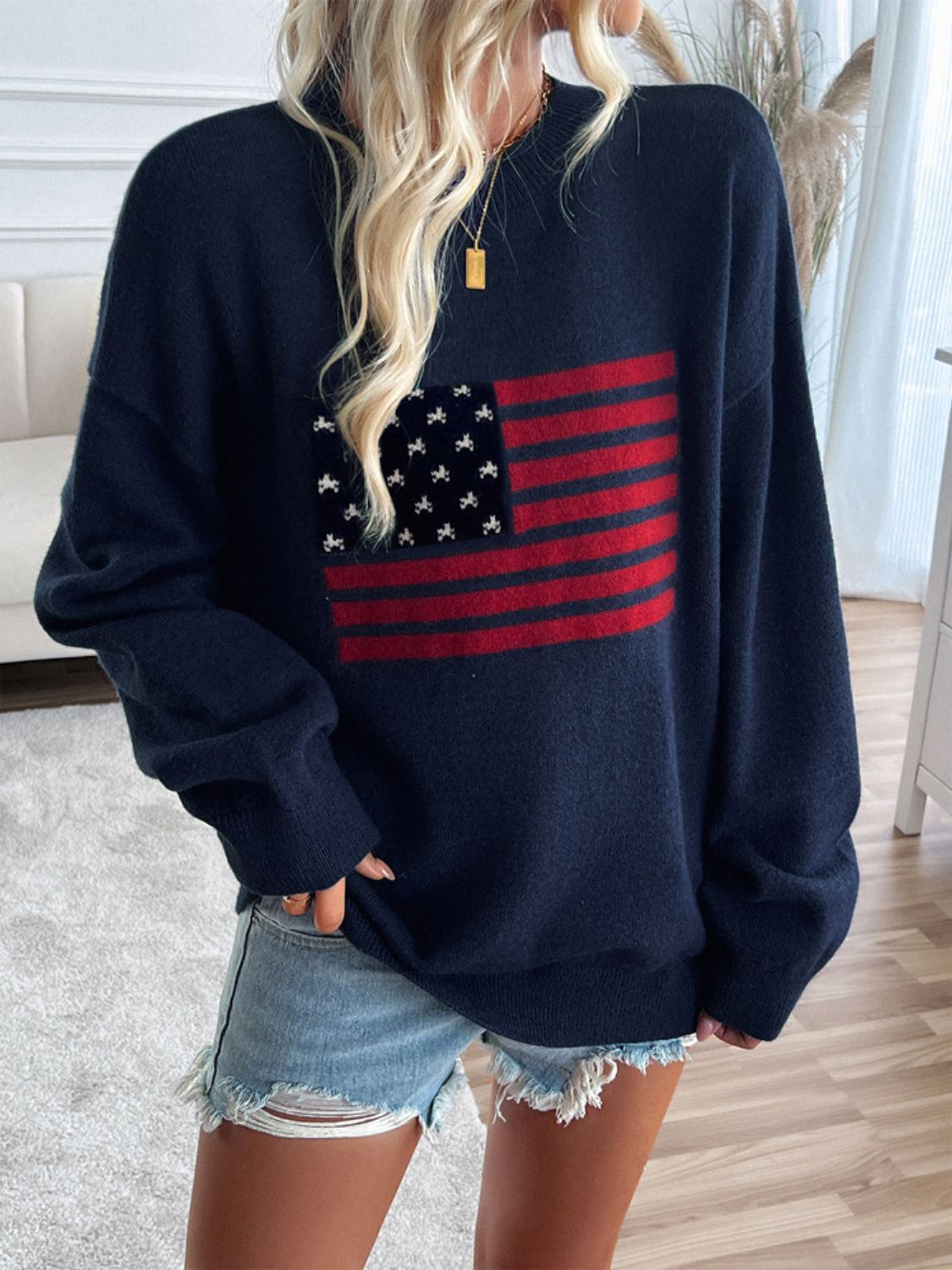 Devine US Flag Round Neck Long Sleeve Knit Top-TOPS / DRESSES-[Adult]-[Female]-Dark Blue-S-2022 Online Blue Zone Planet