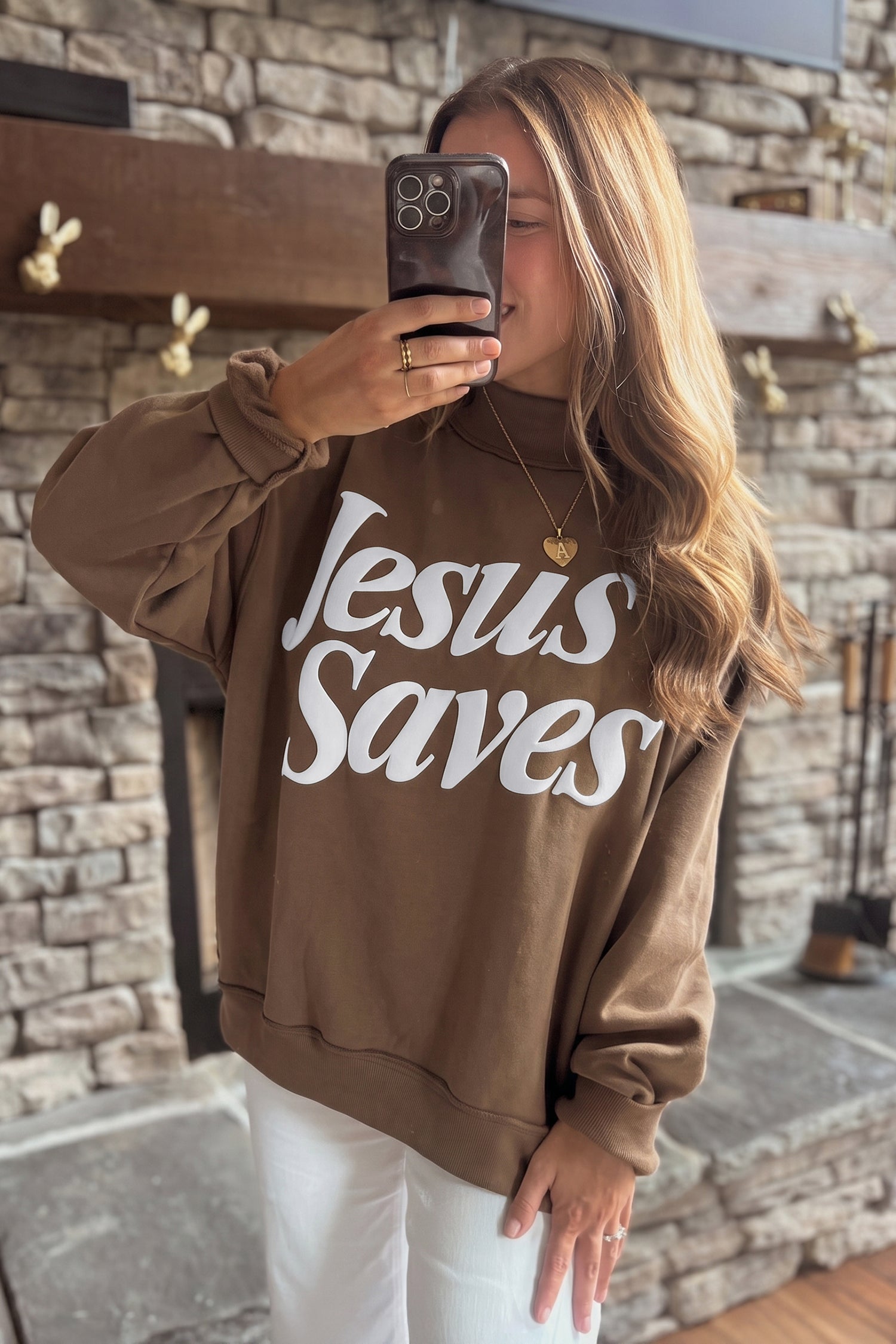 Fiery Red Jesus Saves Slogan Print Stand Neck Baggy Sweatshirt-Tops/Sweatshirts & Hoodies-[Adult]-[Female]-2022 Online Blue Zone Planet