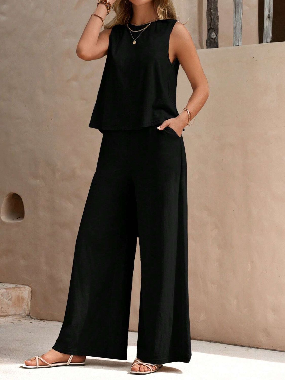 Round Neck Sleeveless Top and Wide Leg Pants Set-TOPS / DRESSES-[Adult]-[Female]-Black-S-2022 Online Blue Zone Planet