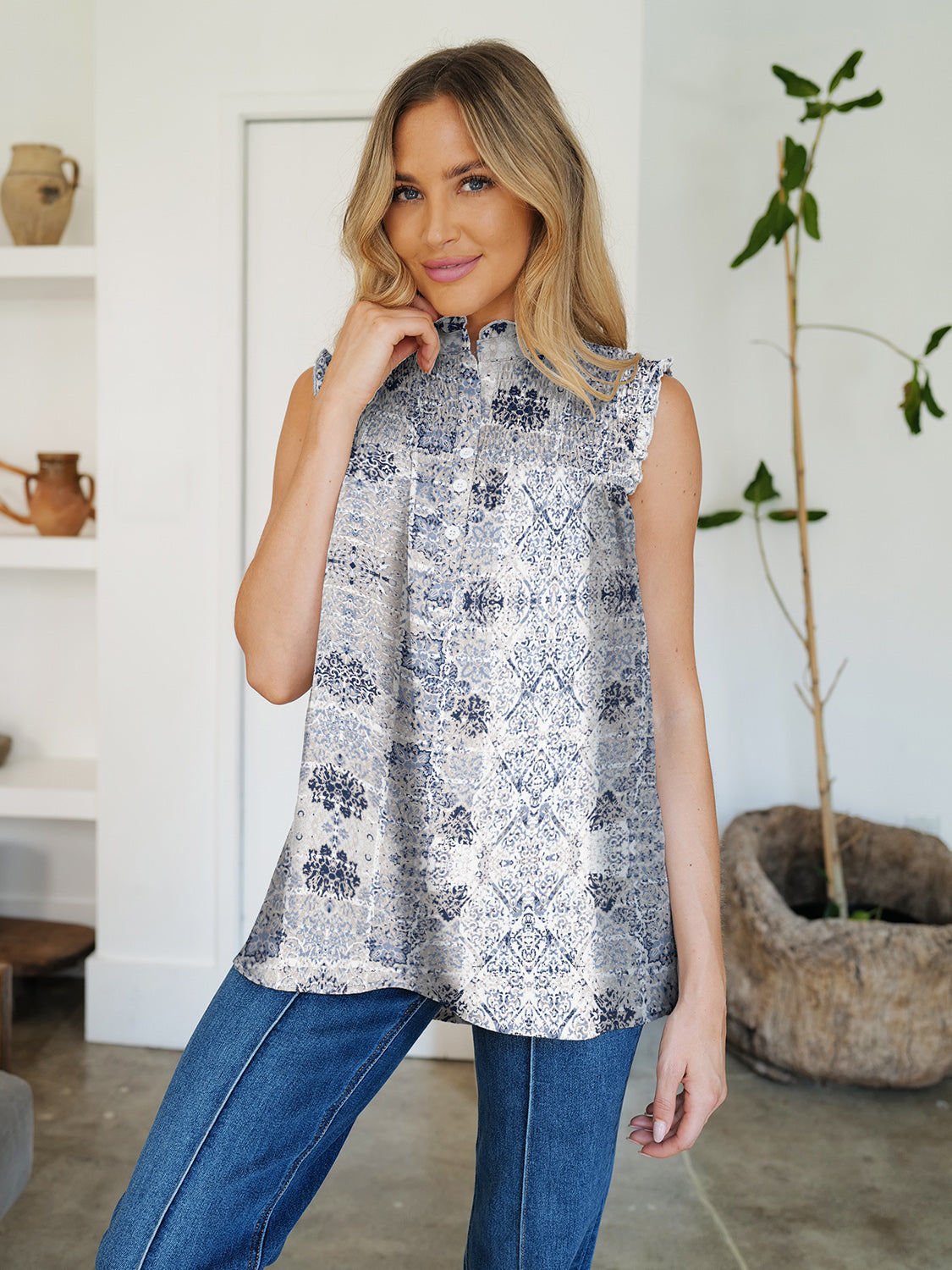 Blue Zone Planet | FAM-FAM Frill Printed Mock Neck Top-TOPS / DRESSES-[Adult]-[Female]-Gray-S-2022 Online Blue Zone Planet